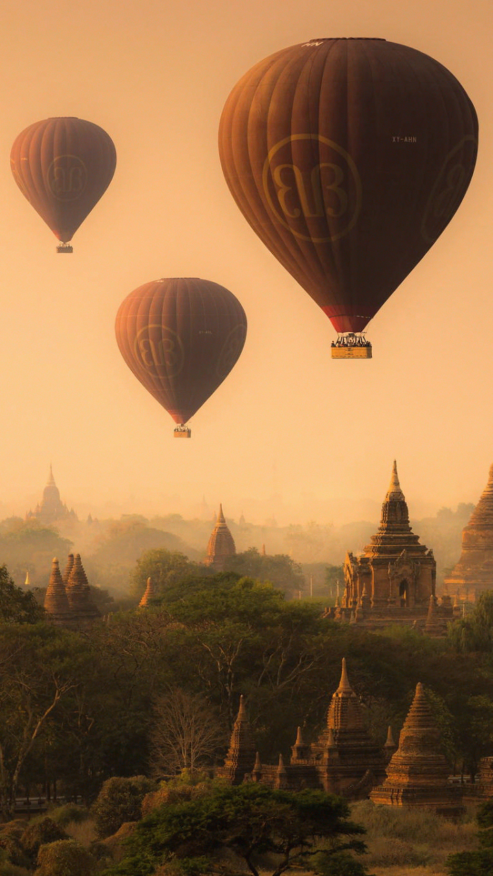 bagan, myanmar, man made, panorama, hot air balloon