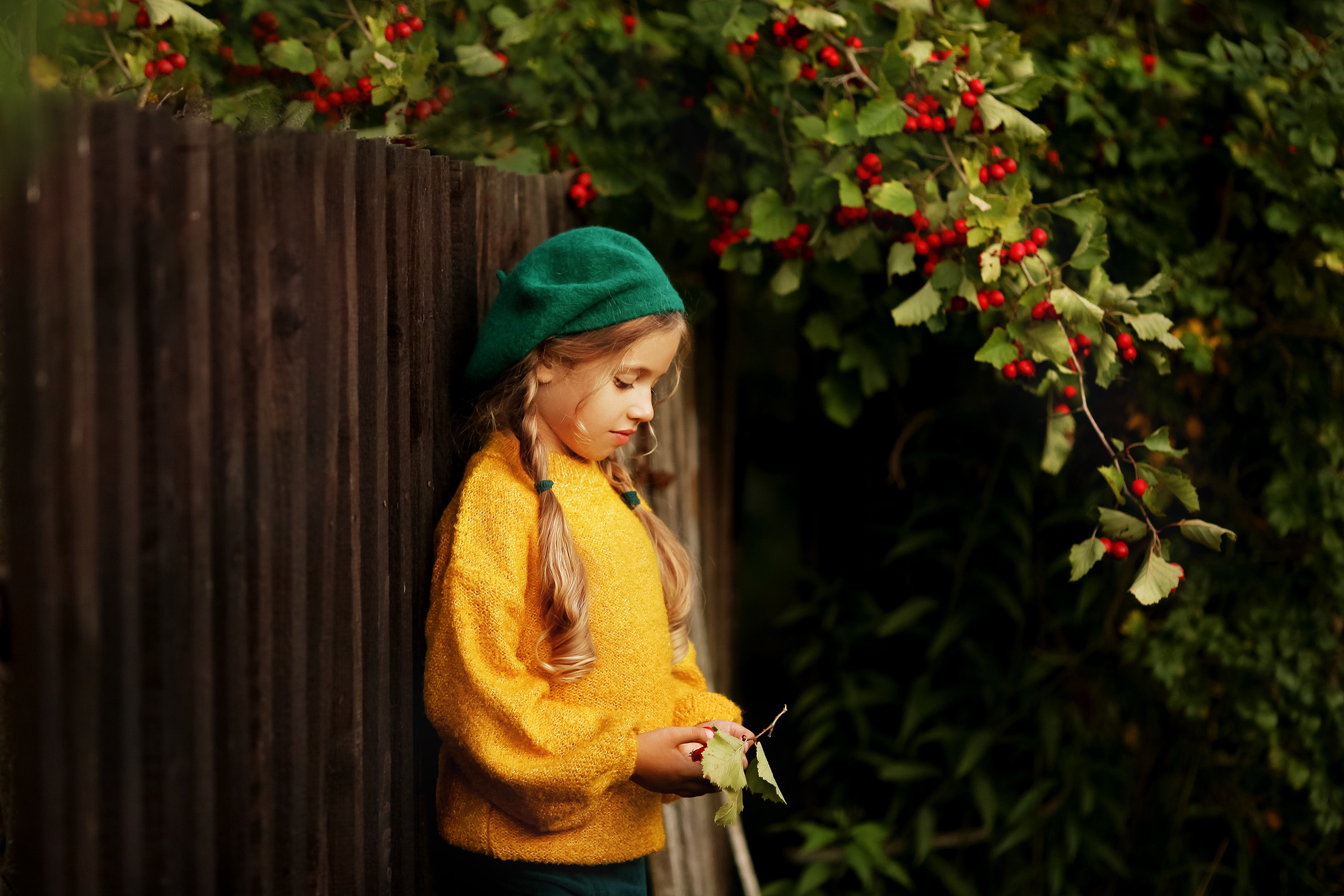 photography, child, beret, berry, fence, mood, pigtail