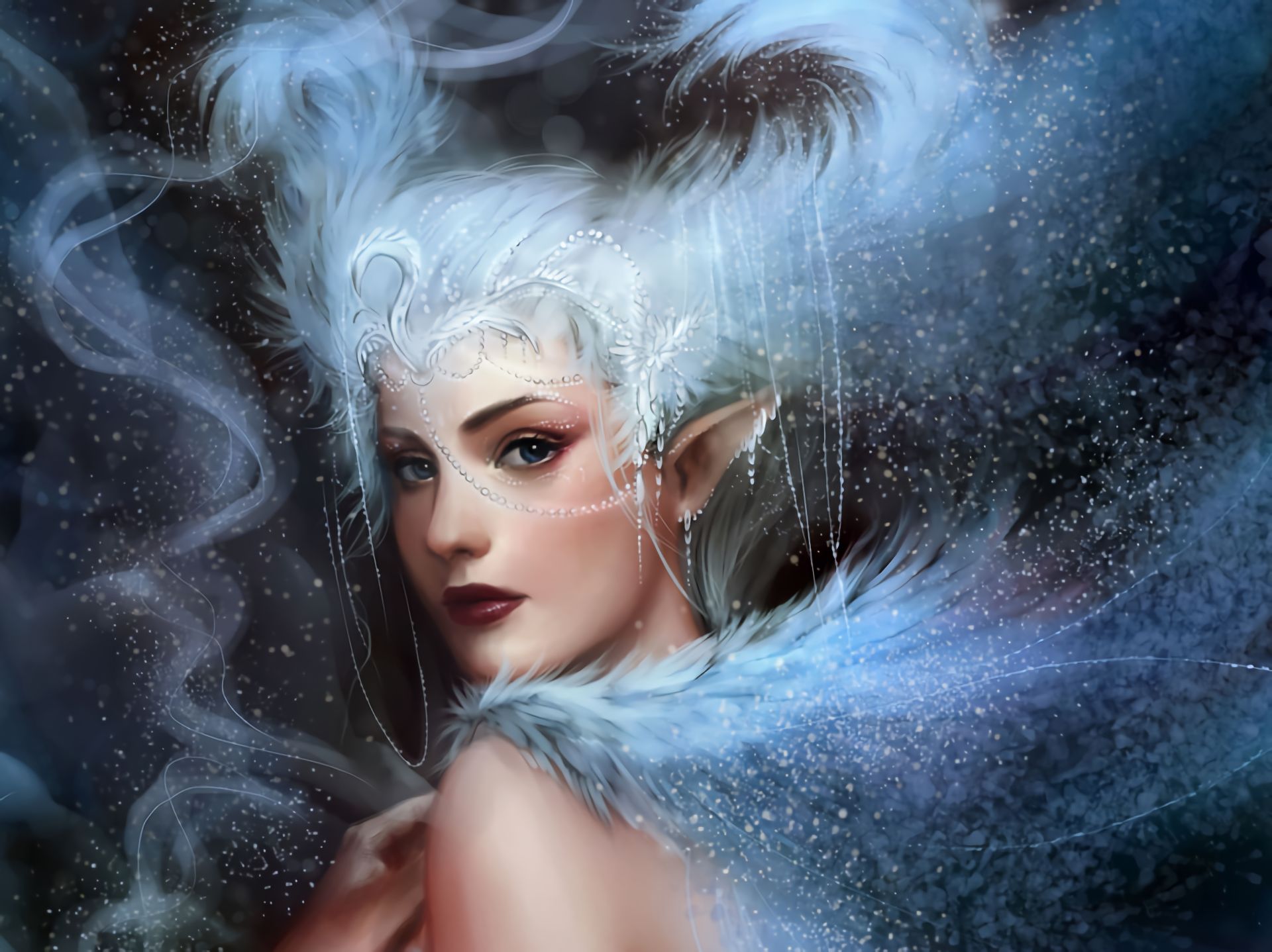 Download mobile wallpaper Fantasy, Feather, Elf, Blue Eyes, Pointed Ears for free.
