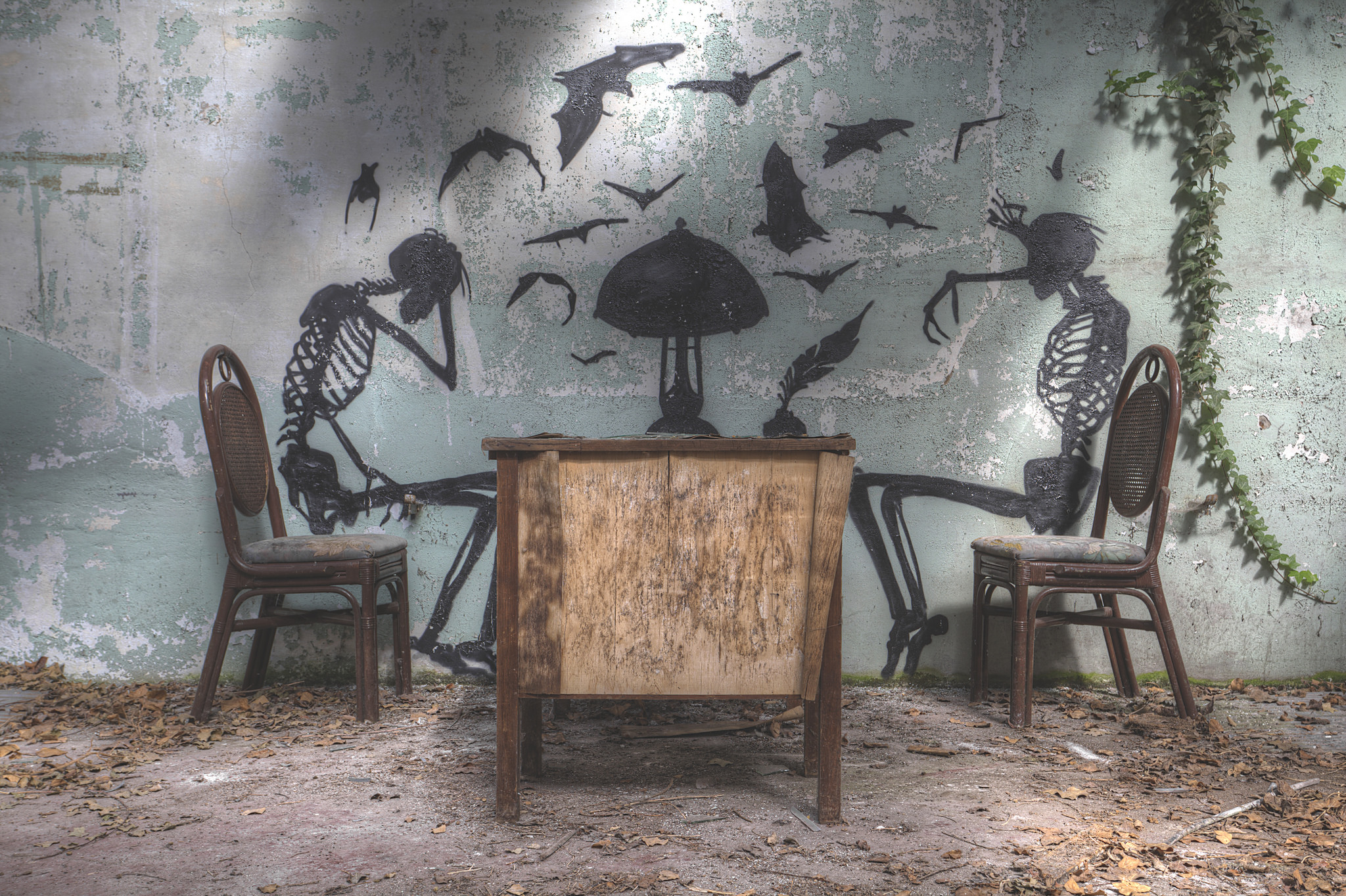 Download mobile wallpaper Dark, Chair, Graffiti, Skeleton for free.