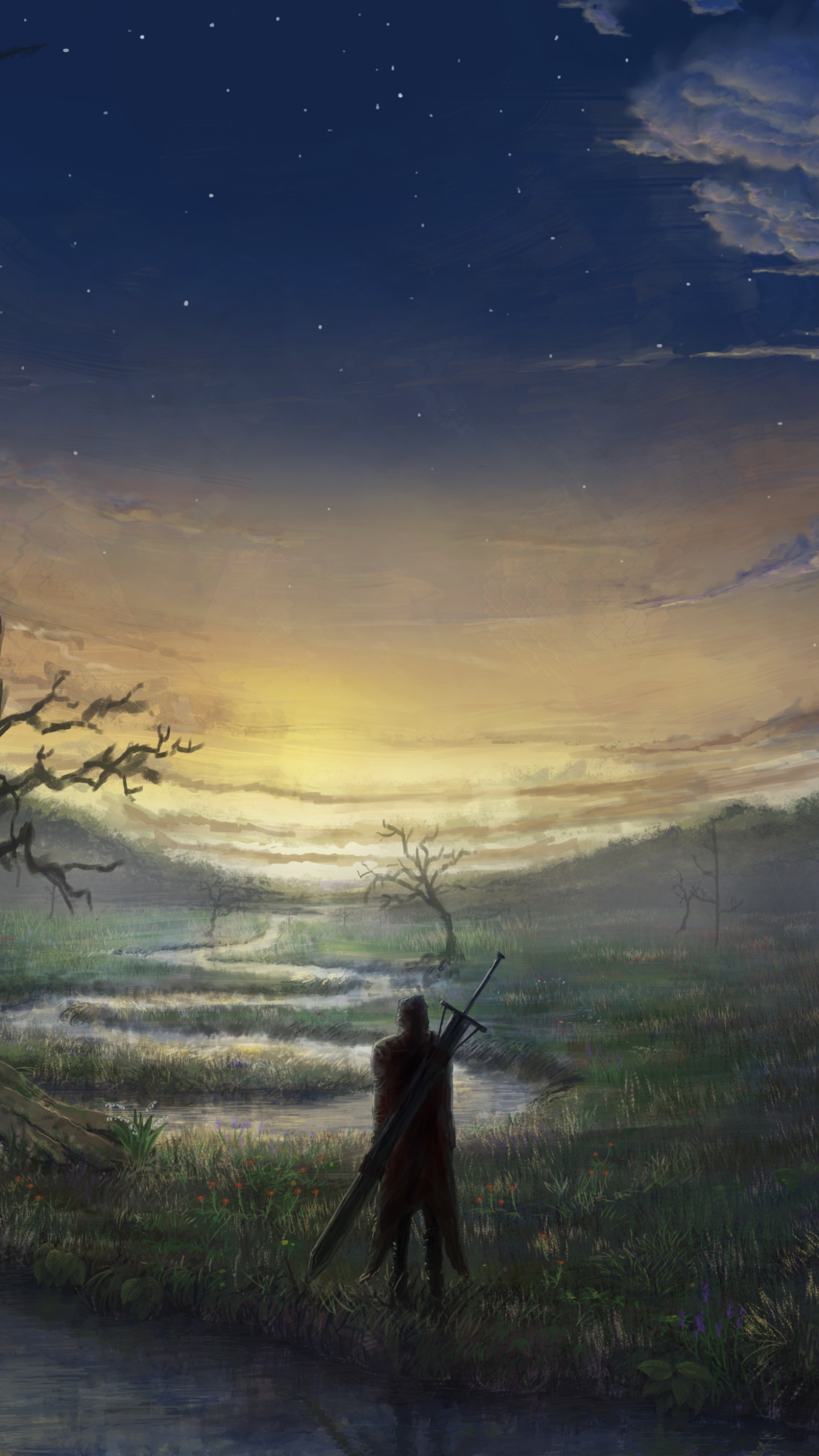 Download mobile wallpaper Landscape, Fantasy, Warrior, River, Sword for free.