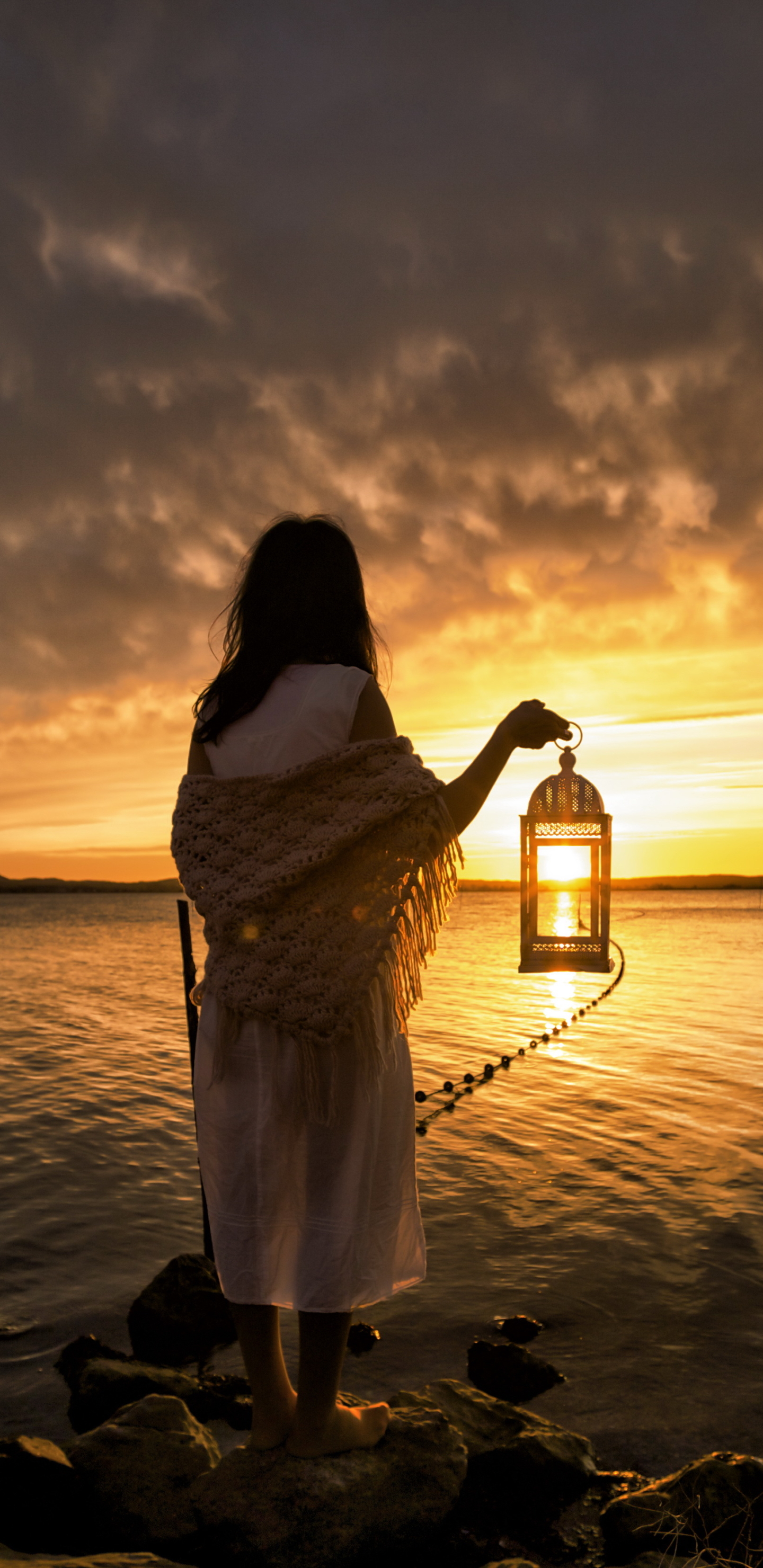 Download mobile wallpaper Sunset, Lantern, Rear, Women for free.