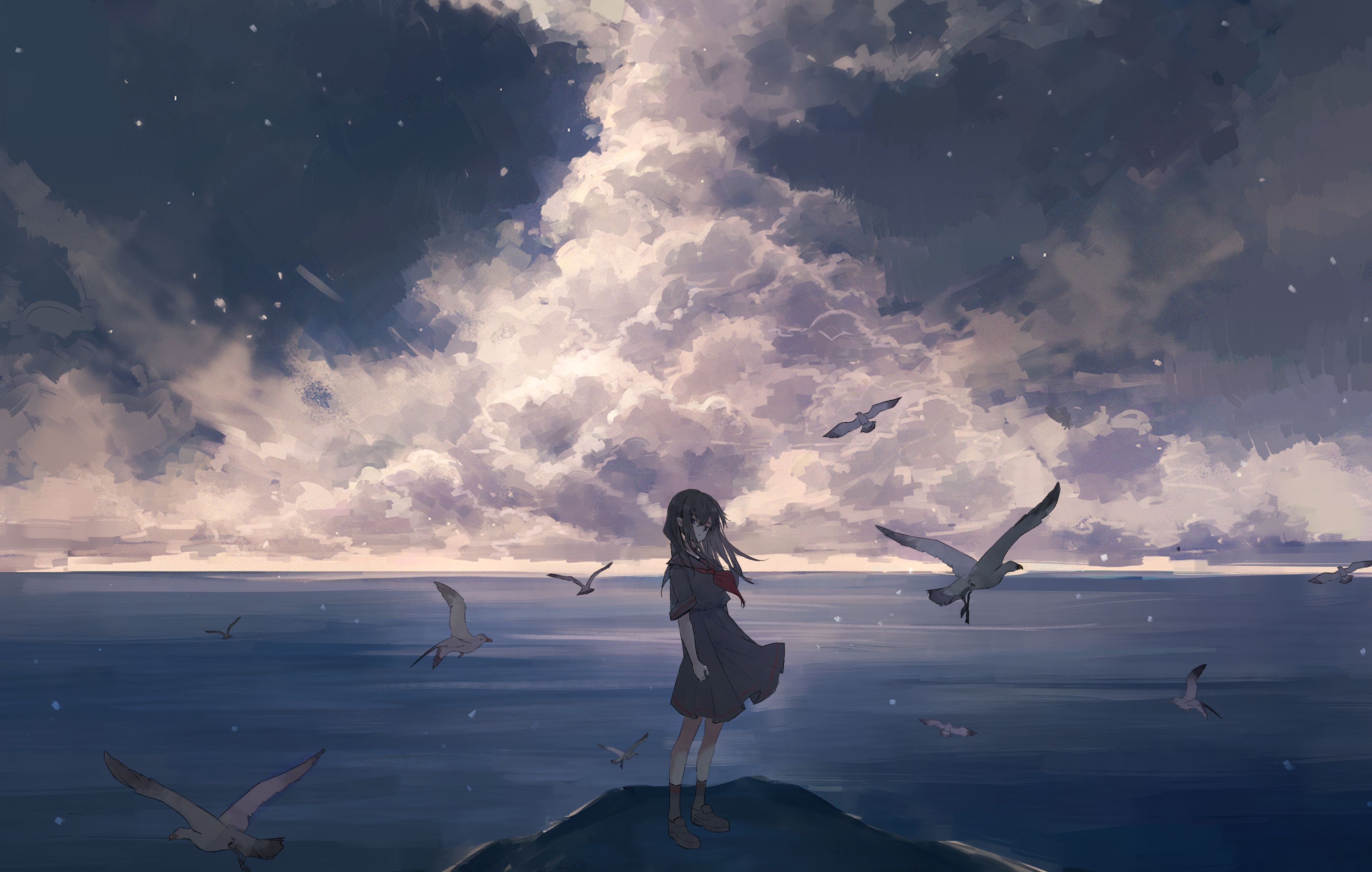 Baixe gratuitamente a imagem Anime, Mar, Pássaro, Nuvem, Original, Uniforme Escolar, Cabelo Longo na área de trabalho do seu PC
