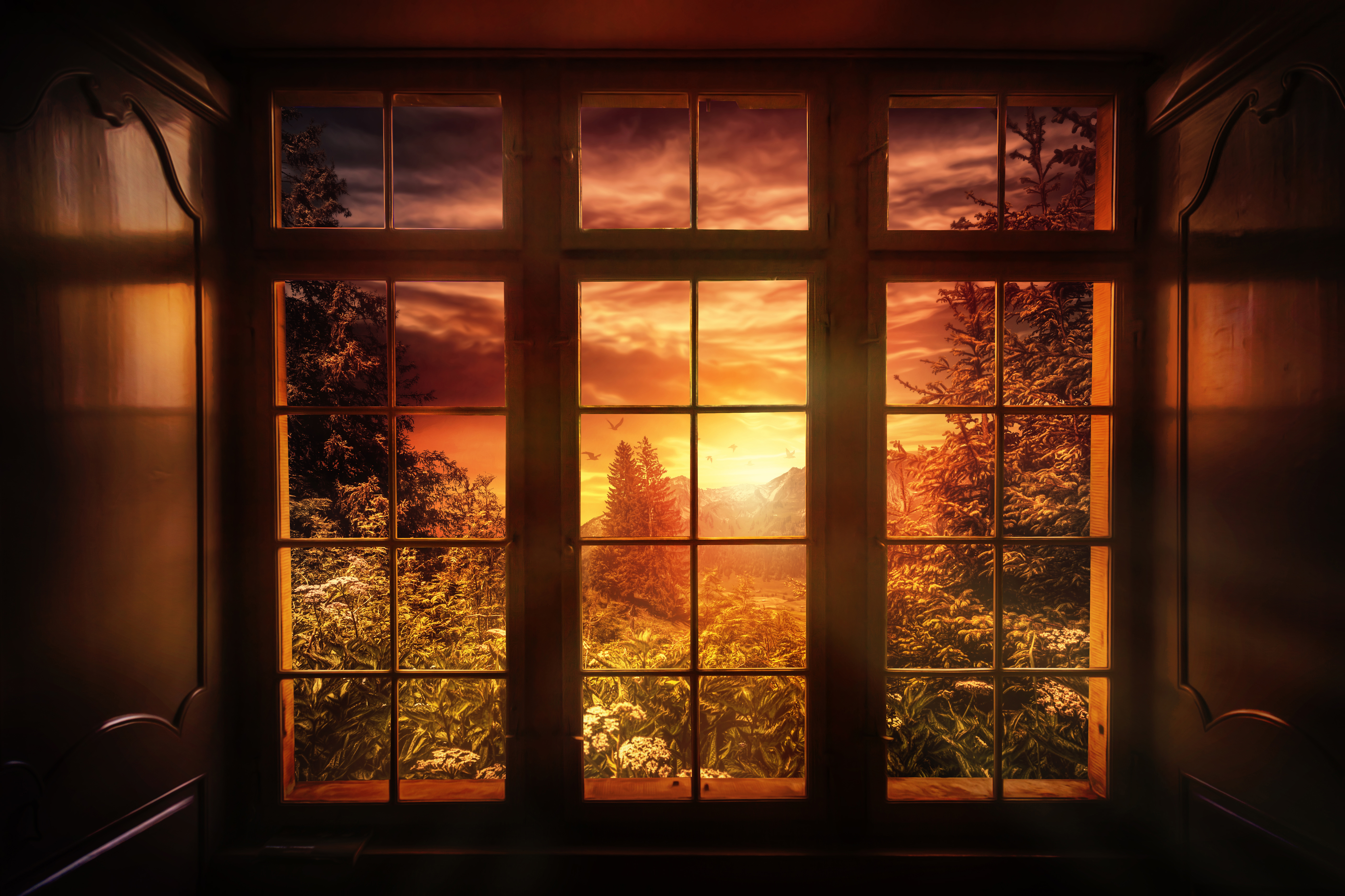 Download mobile wallpaper Winter, Sunset, Tree, Window, Artistic for free.