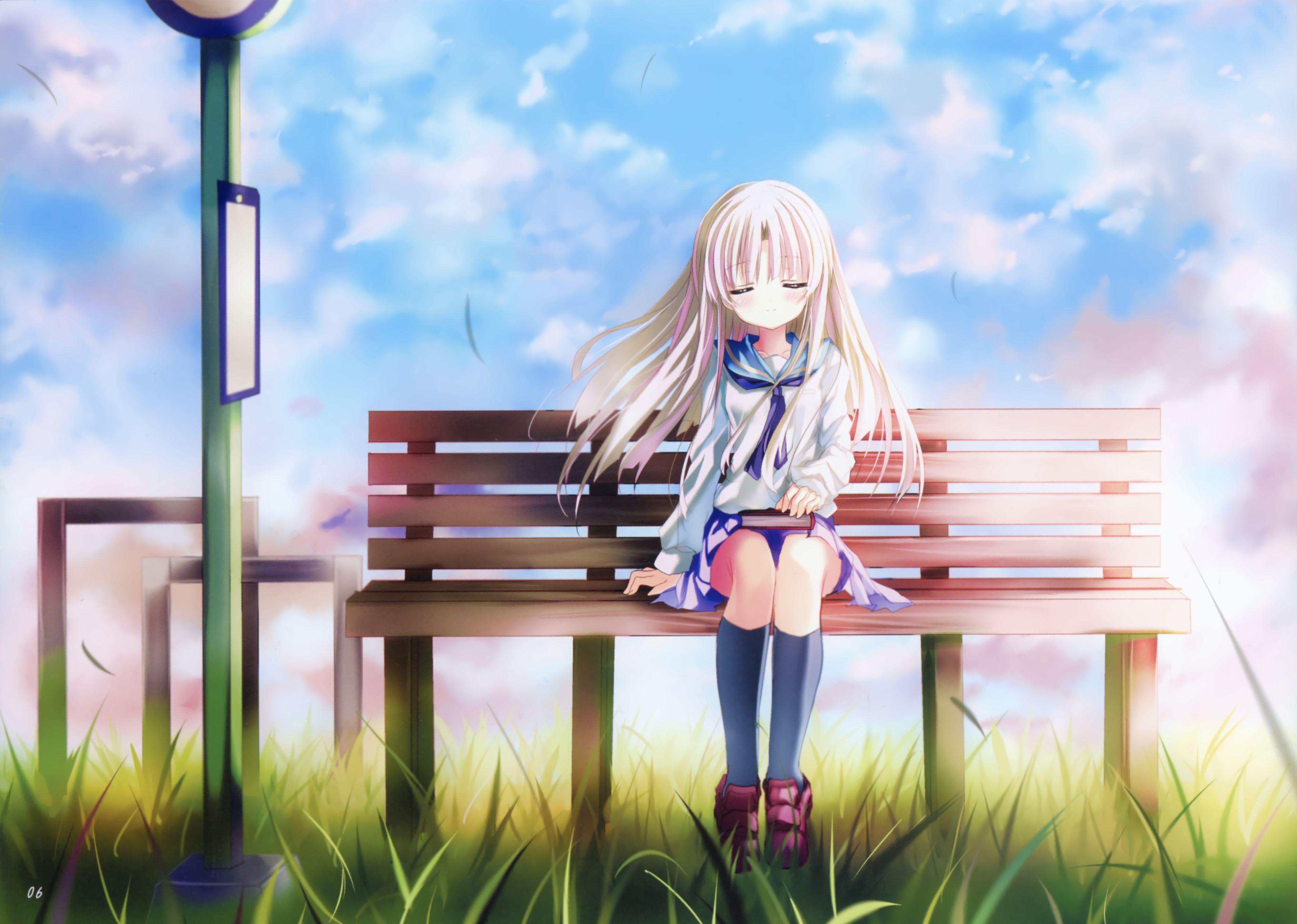 Download mobile wallpaper Anime, Book, Bench, Original, Long Hair, White Hair for free.