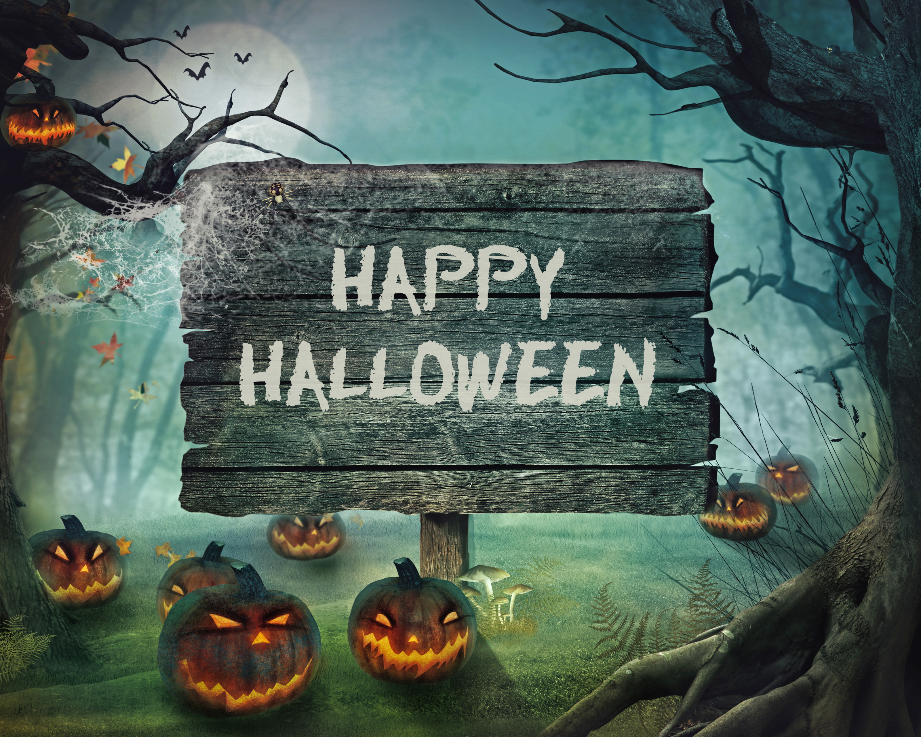 1287755 télécharger l'image vacances, halloween, panneau, pancarte, arbre, effrayant, citrouille d'halloween, joyeux halloween, lune - fonds d'écran et économiseurs d'écran gratuits