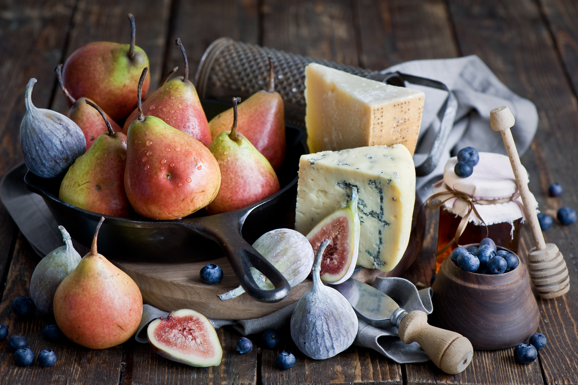 Download mobile wallpaper Food, Cheese, Blueberry, Still Life, Fruit, Fig, Pear for free.