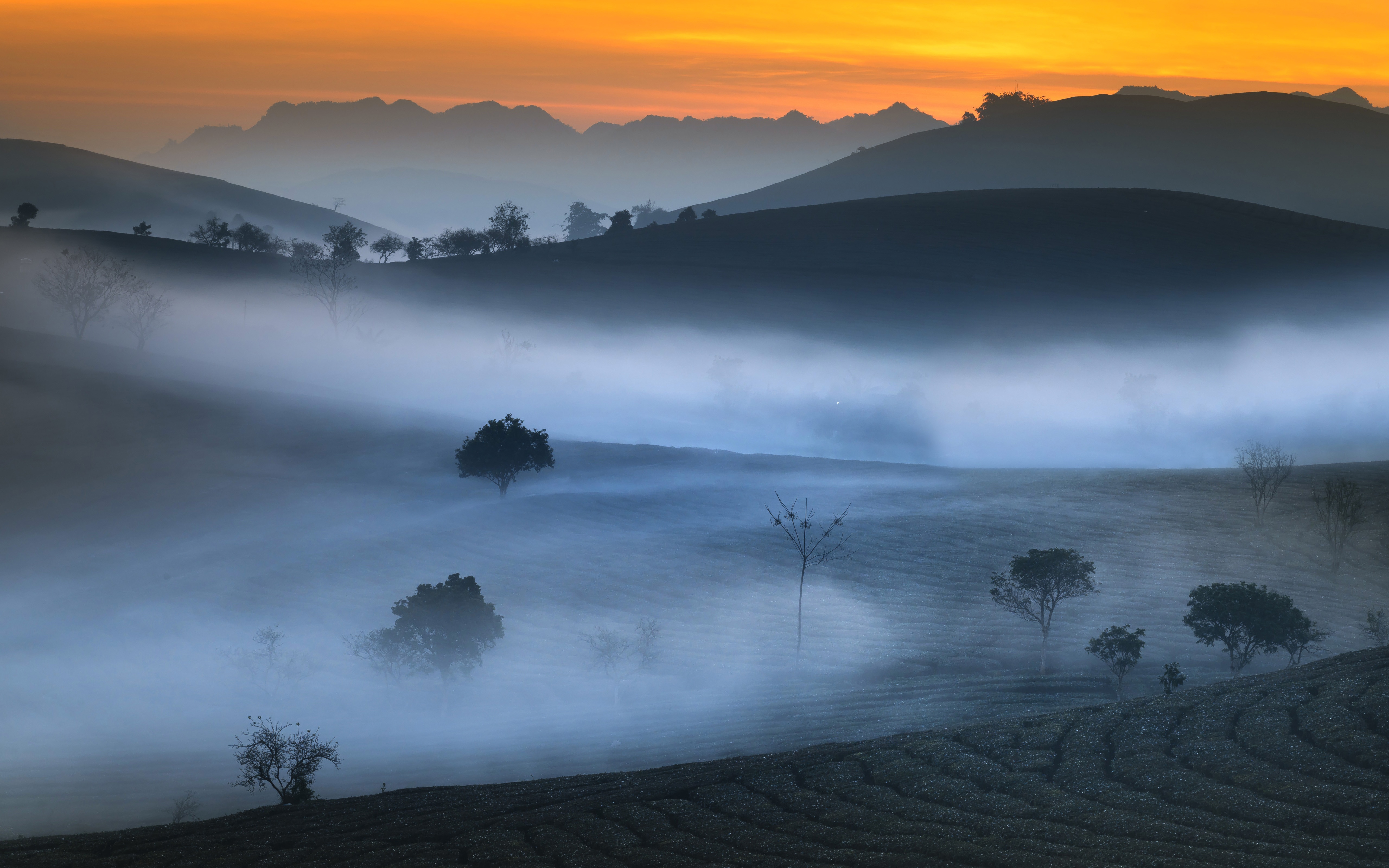 PCデスクトップに風景, 自然, 霧, 日の出, 地球, 丘画像を無料でダウンロード
