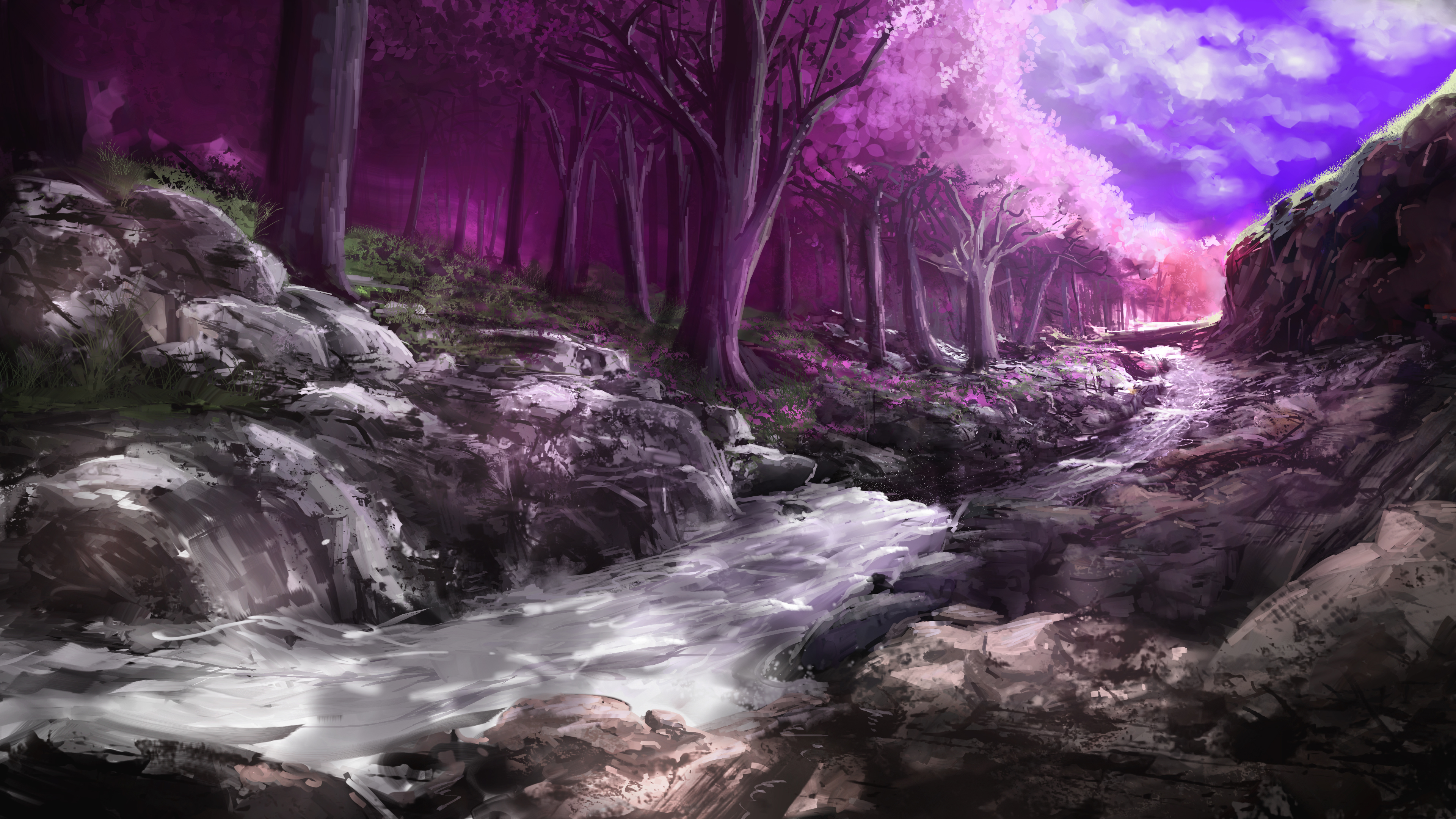 Free download wallpaper Fantasy, Forest, River, Blossom on your PC desktop