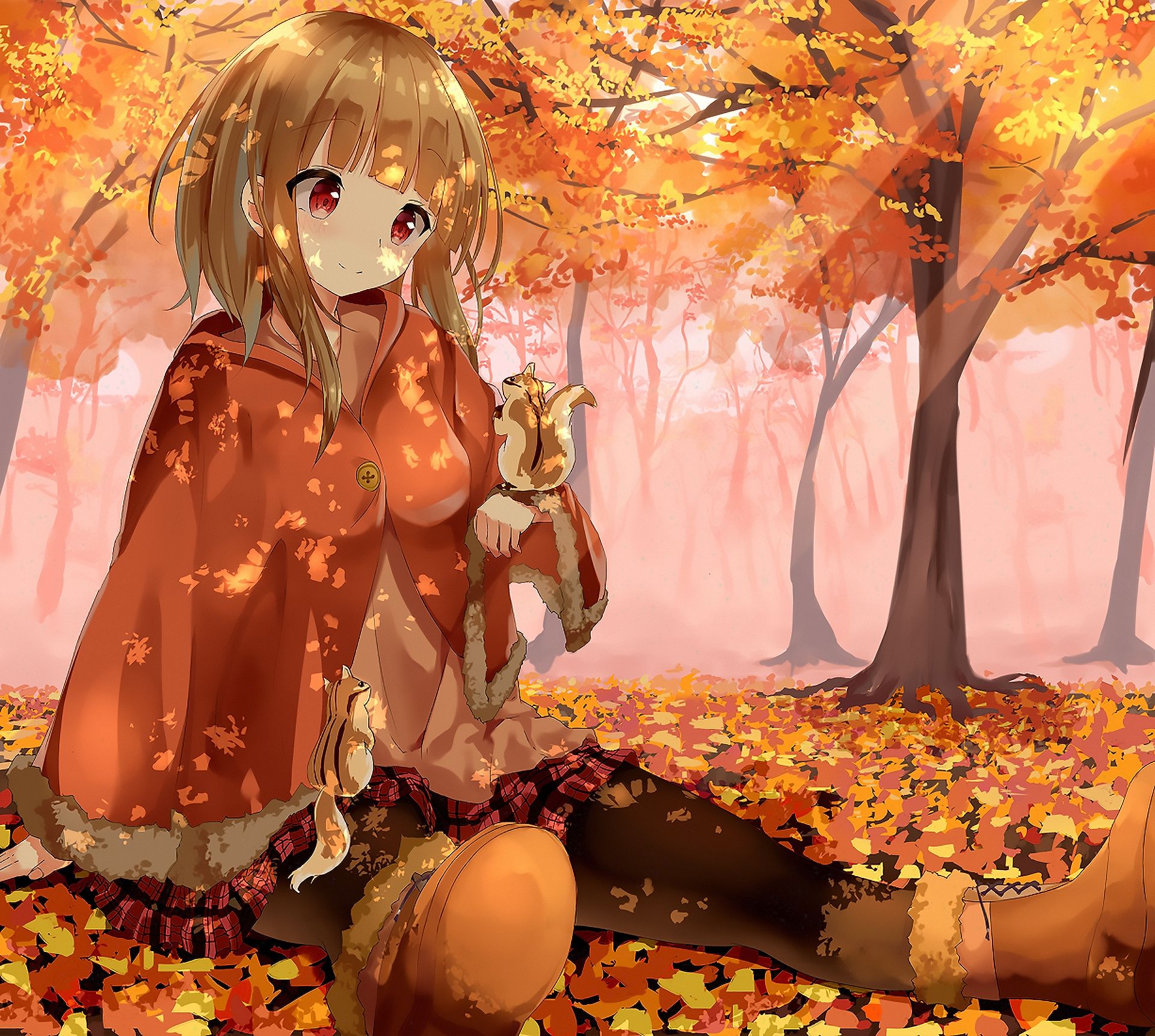 Free download wallpaper Anime, Squirrel, Tree, Blonde, Original, Red Eyes on your PC desktop