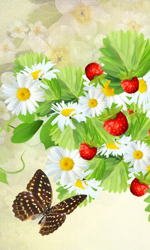 Handy-Wallpaper Schmetterlinge, Blumen, Erdbeere, Blume, Schmetterling, Gänseblümchen, Weiße Blume, Künstlerisch kostenlos herunterladen.