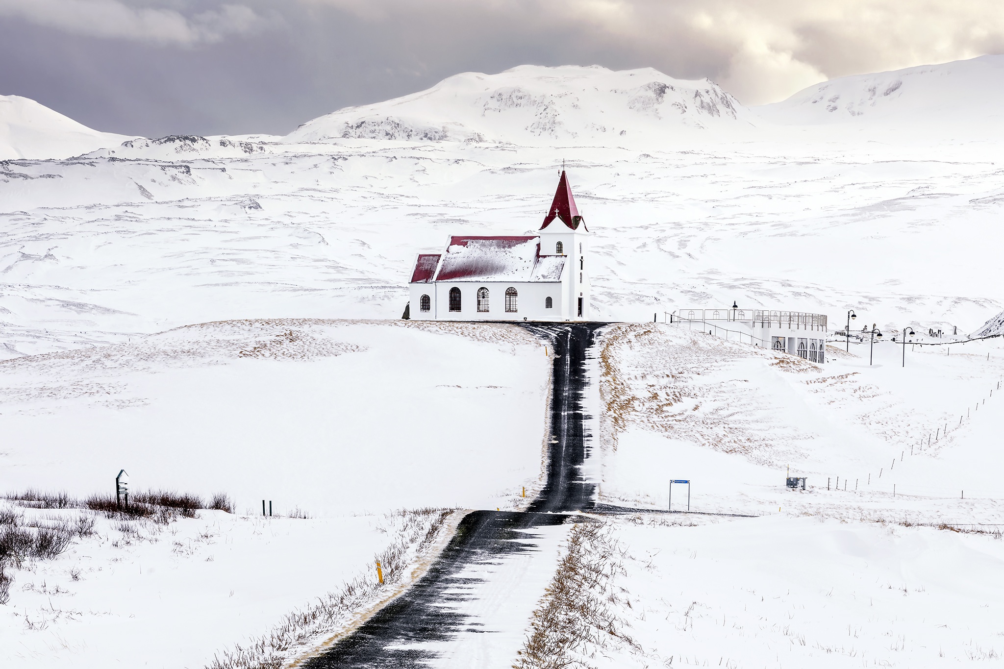 Download mobile wallpaper Landscape, Winter, Snow, Building, Road, Church, Churches, Religious for free.