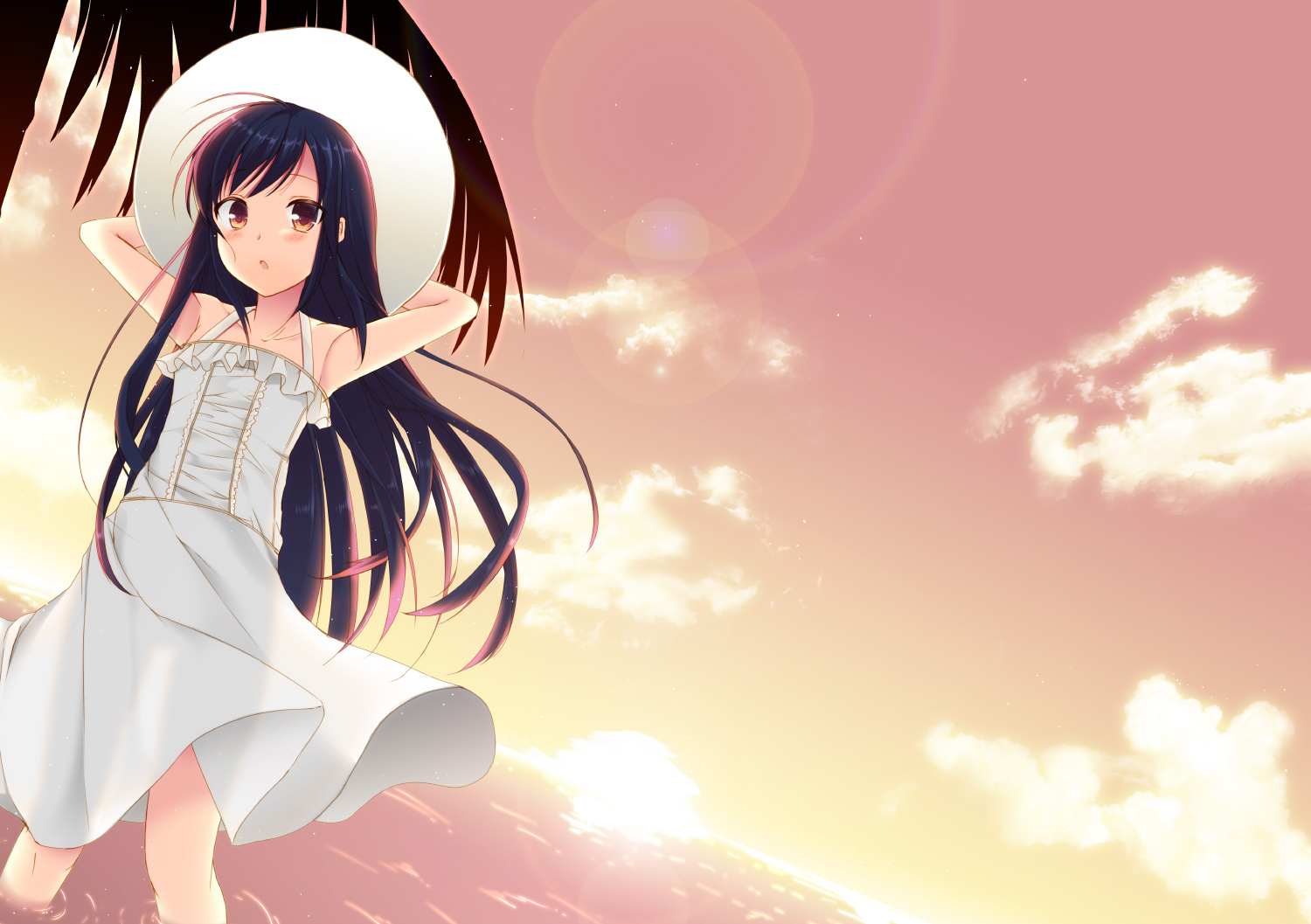 anime, accel world, blush, cloud, dress, hat, kuroyukihime (accel world), sky, sunset, white dress