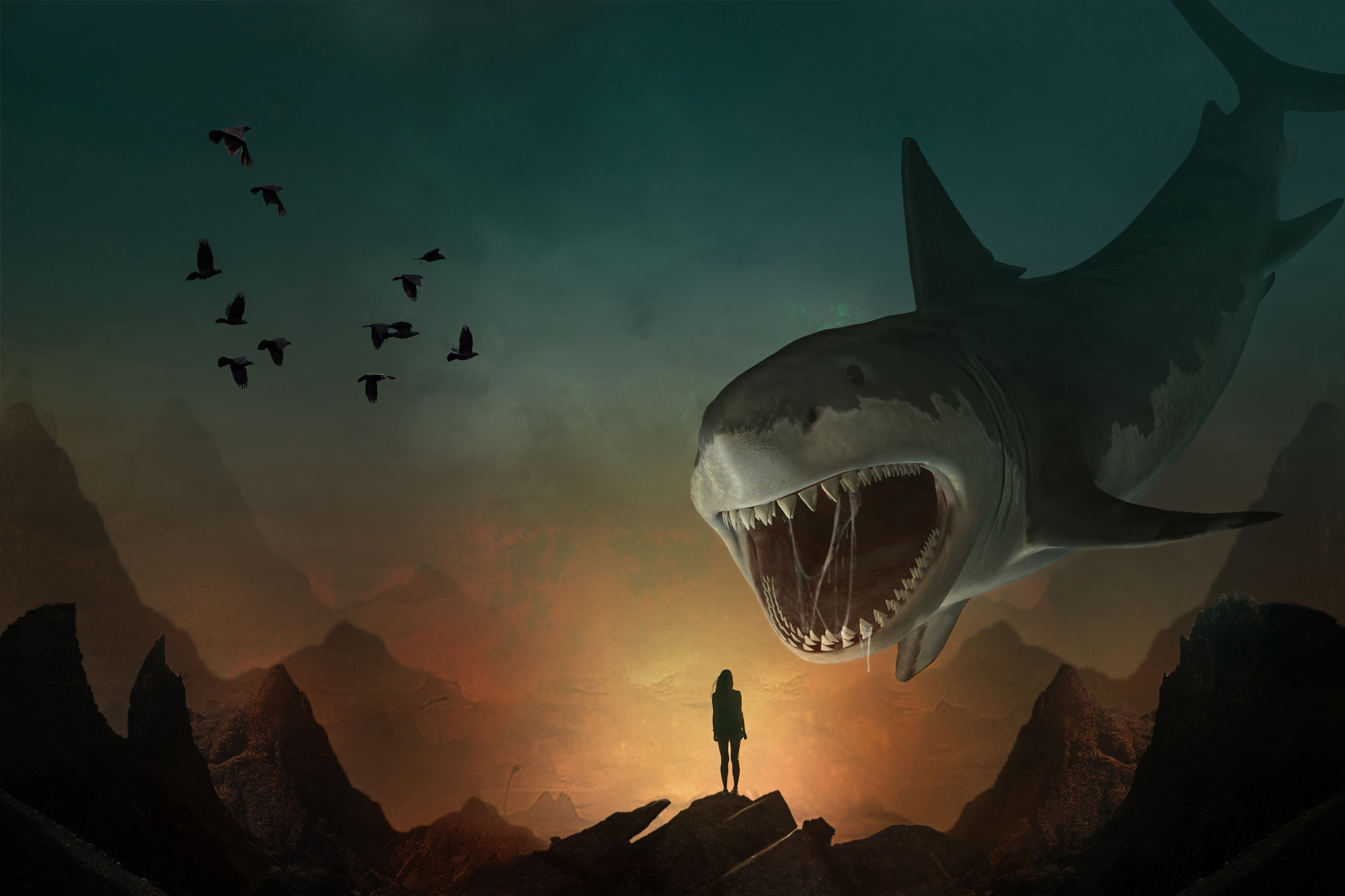 shark, illusion, silhouette, art, predator, to fall, mouth, teeth 4K Ultra