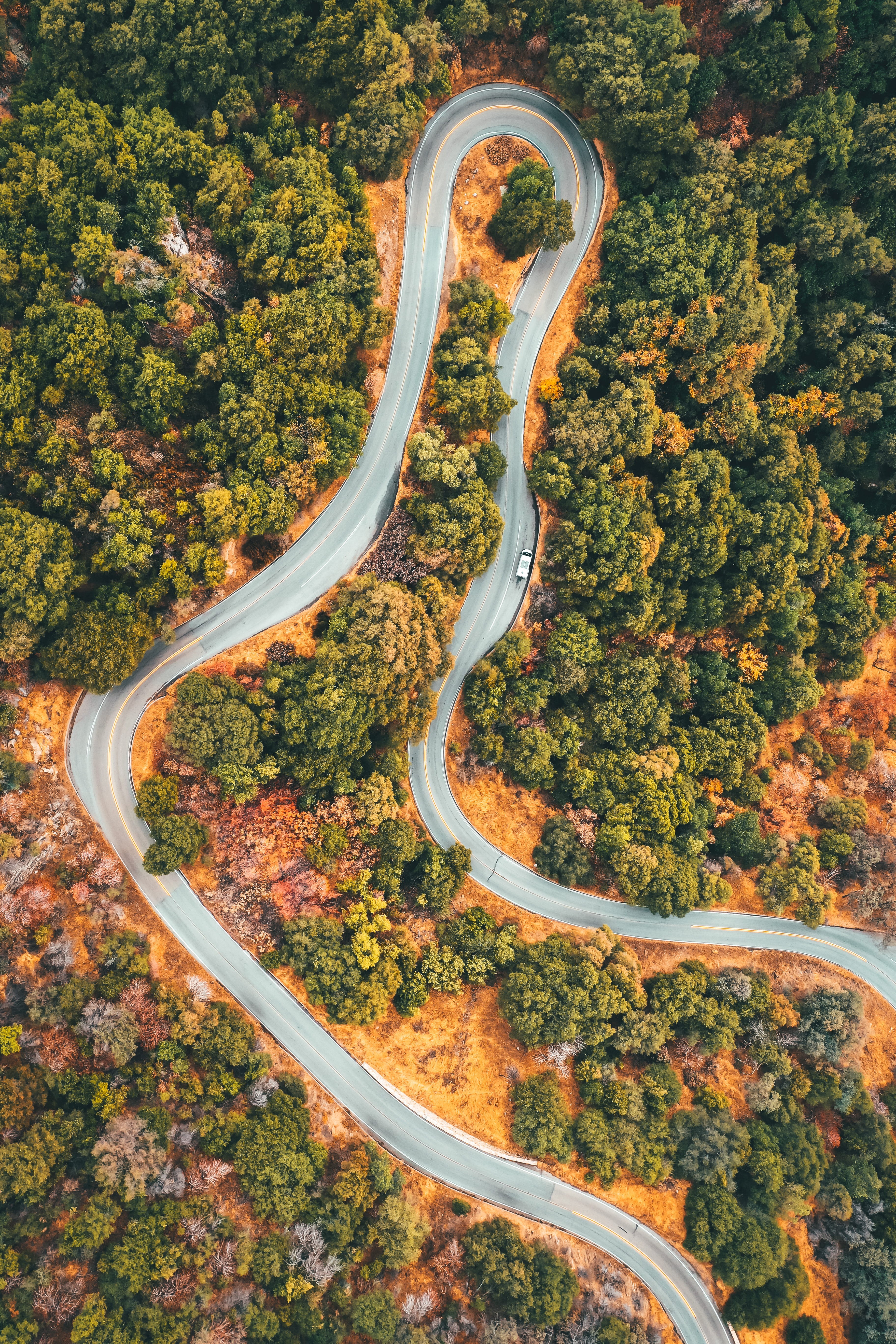 Free download wallpaper Nature, Trees, View From Above, Road, Car, Forest on your PC desktop