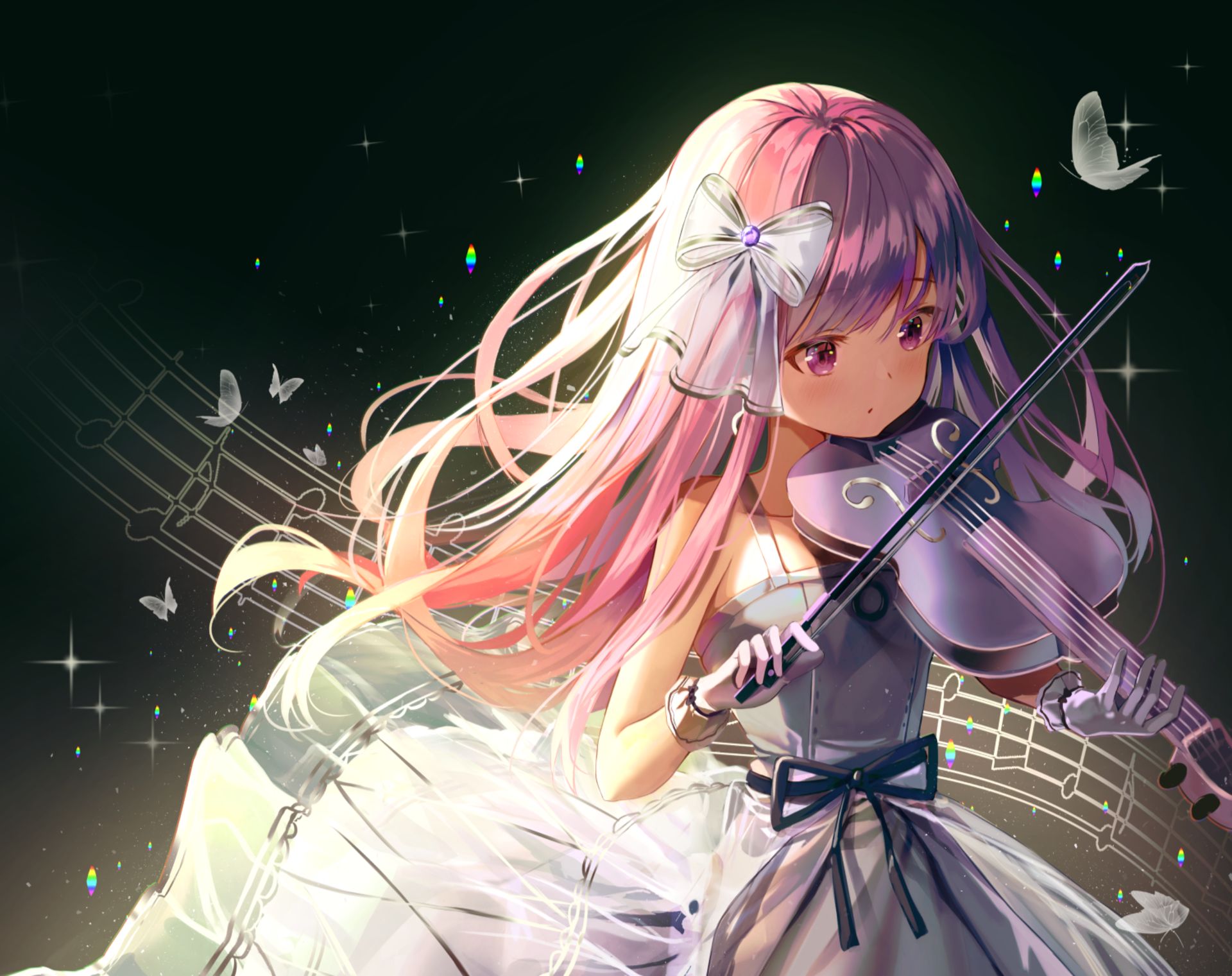 Download mobile wallpaper Music, Anime, Butterfly, Violin, Purple Eyes, Purple Hair for free.