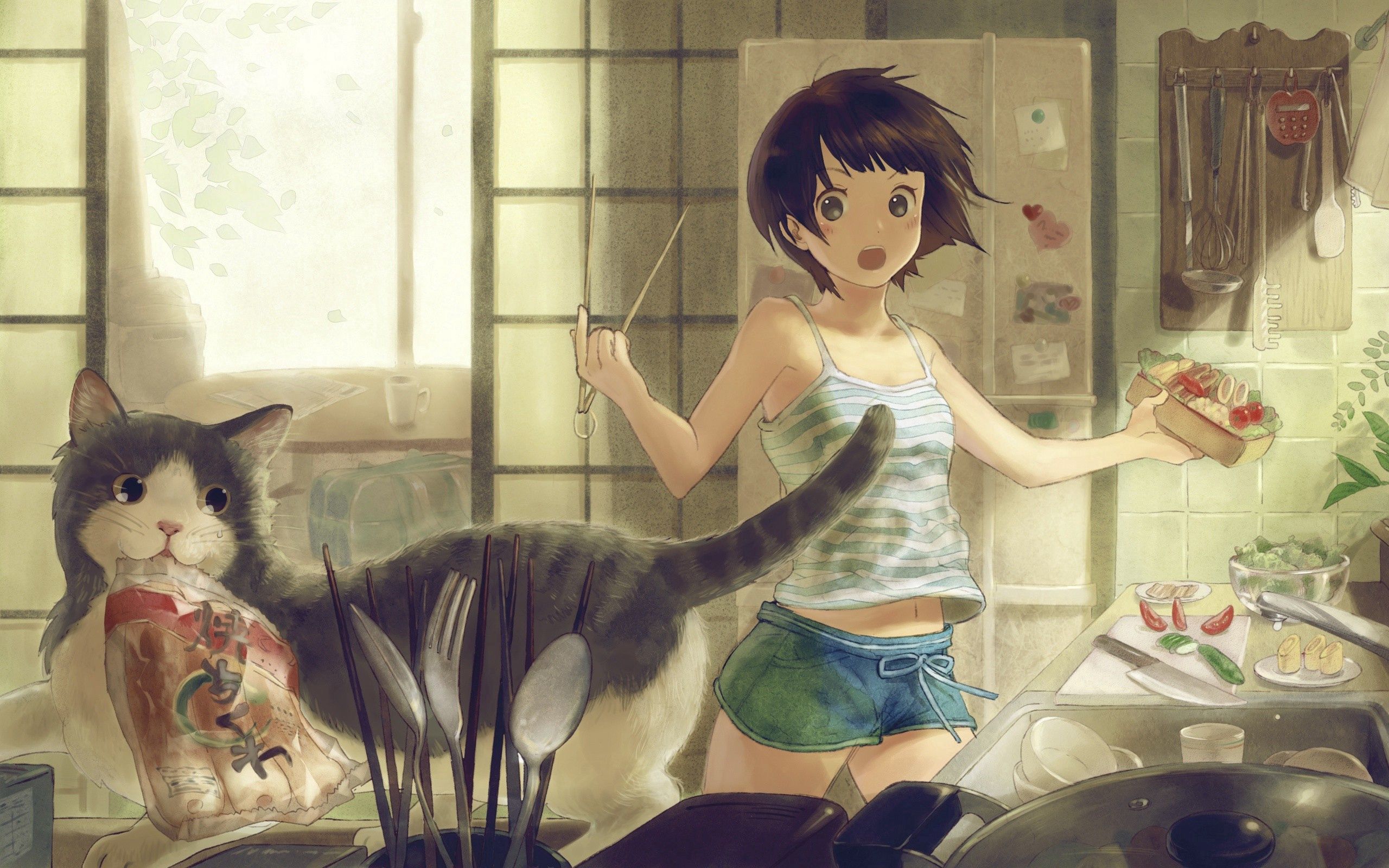 Download mobile wallpaper Cat, Room, Girl, Anime for free.