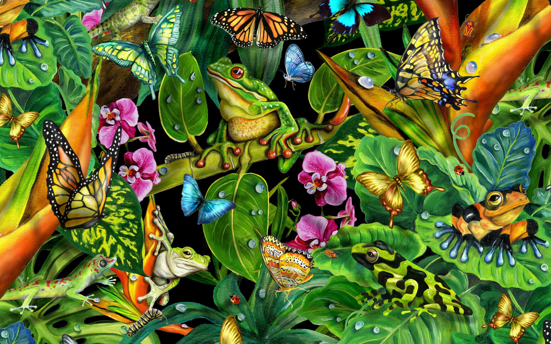 Download mobile wallpaper Flower, Leaf, Collage, Butterfly, Lizard, Spring, Artistic, Frog for free.