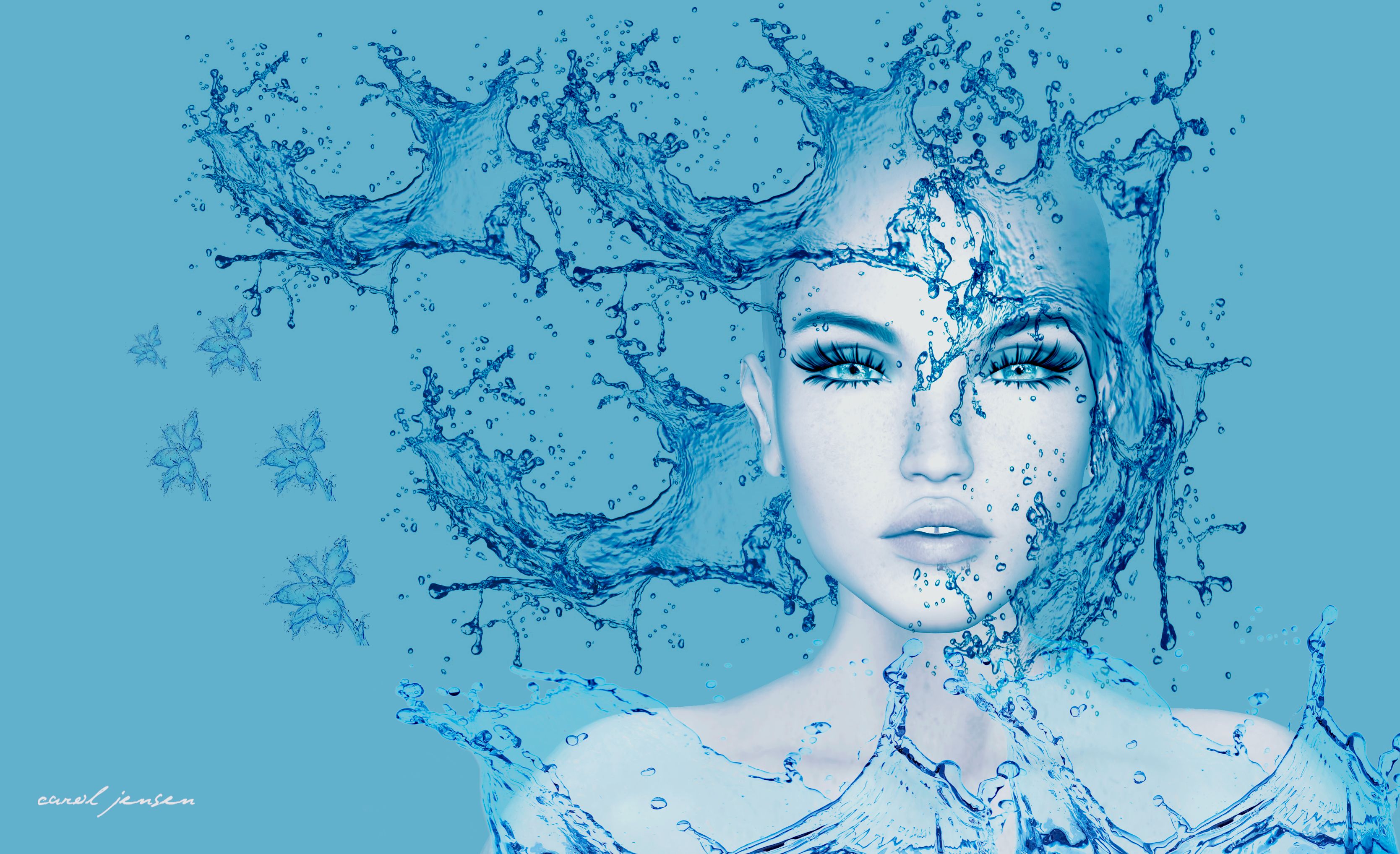 Free download wallpaper Water, Spray, Art, Face, Girl, 3D on your PC desktop