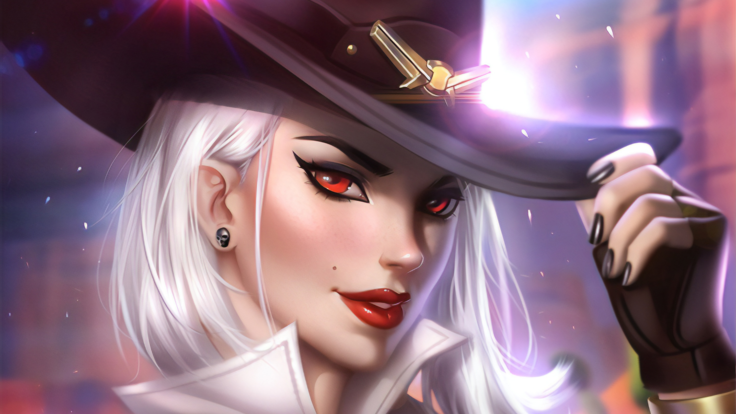 ashe (overwatch), video game, overwatch, face, hat, lipstick, red eyes, white hair