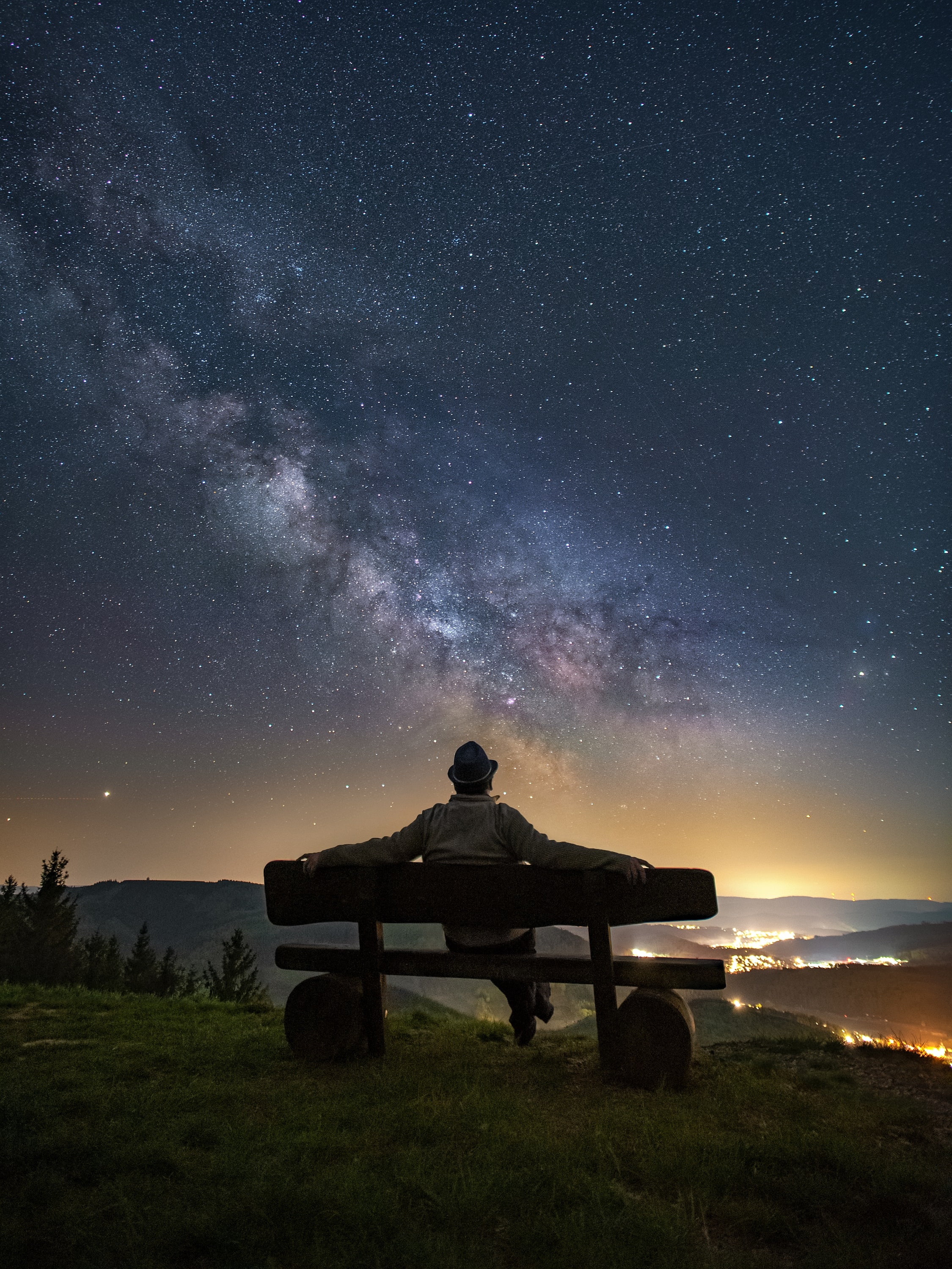 Free download wallpaper Miscellanea, Miscellaneous, Person, Starry Sky, Human, Bench on your PC desktop