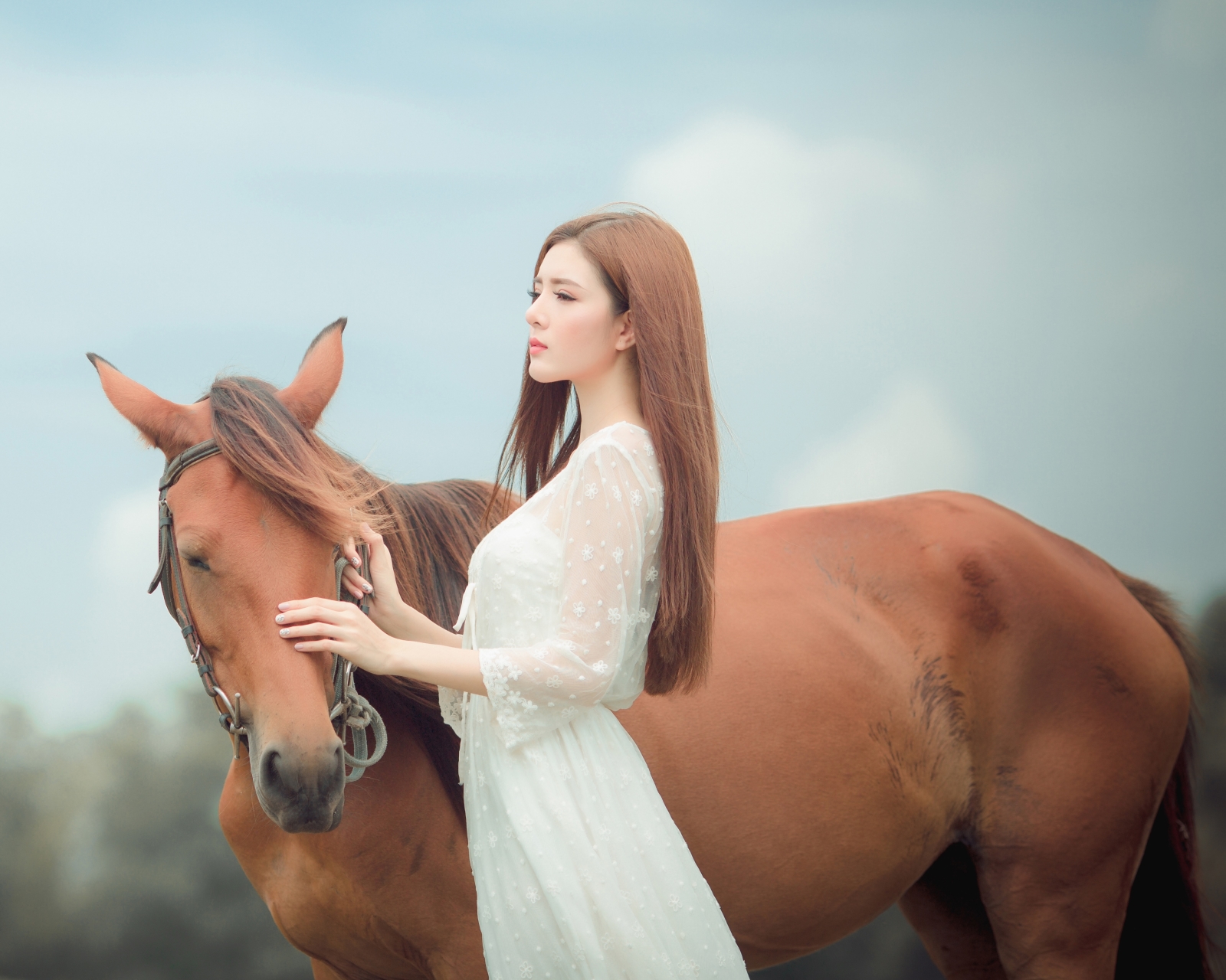 Скачать обои бесплатно Лошадь, Рыжая, Модель, Азии, Женщины, Длинные Волосы, Белое Платье картинка на рабочий стол ПК