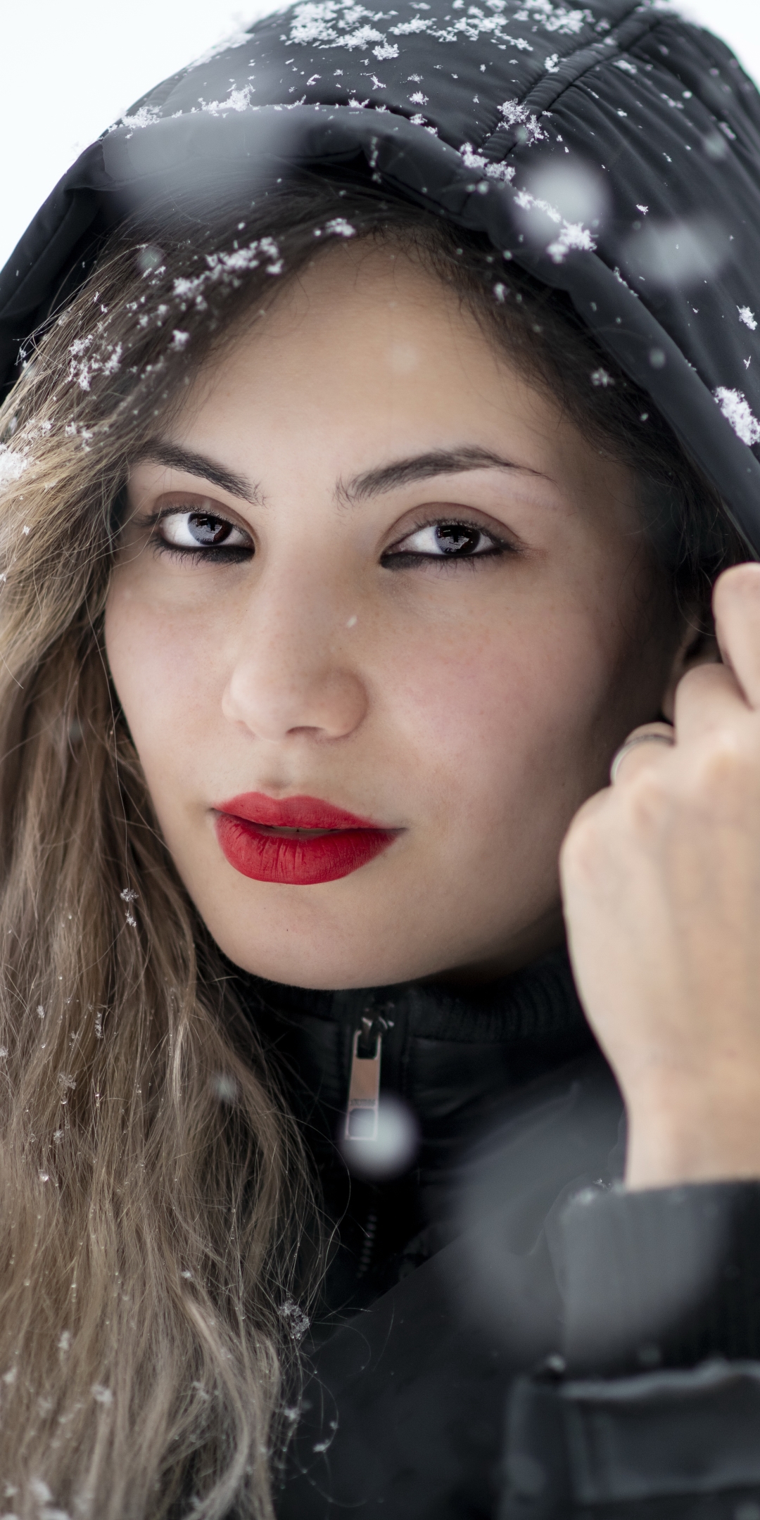 Download mobile wallpaper Winter, Hood, Brunette, Model, Women, Brown Eyes, Lipstick for free.