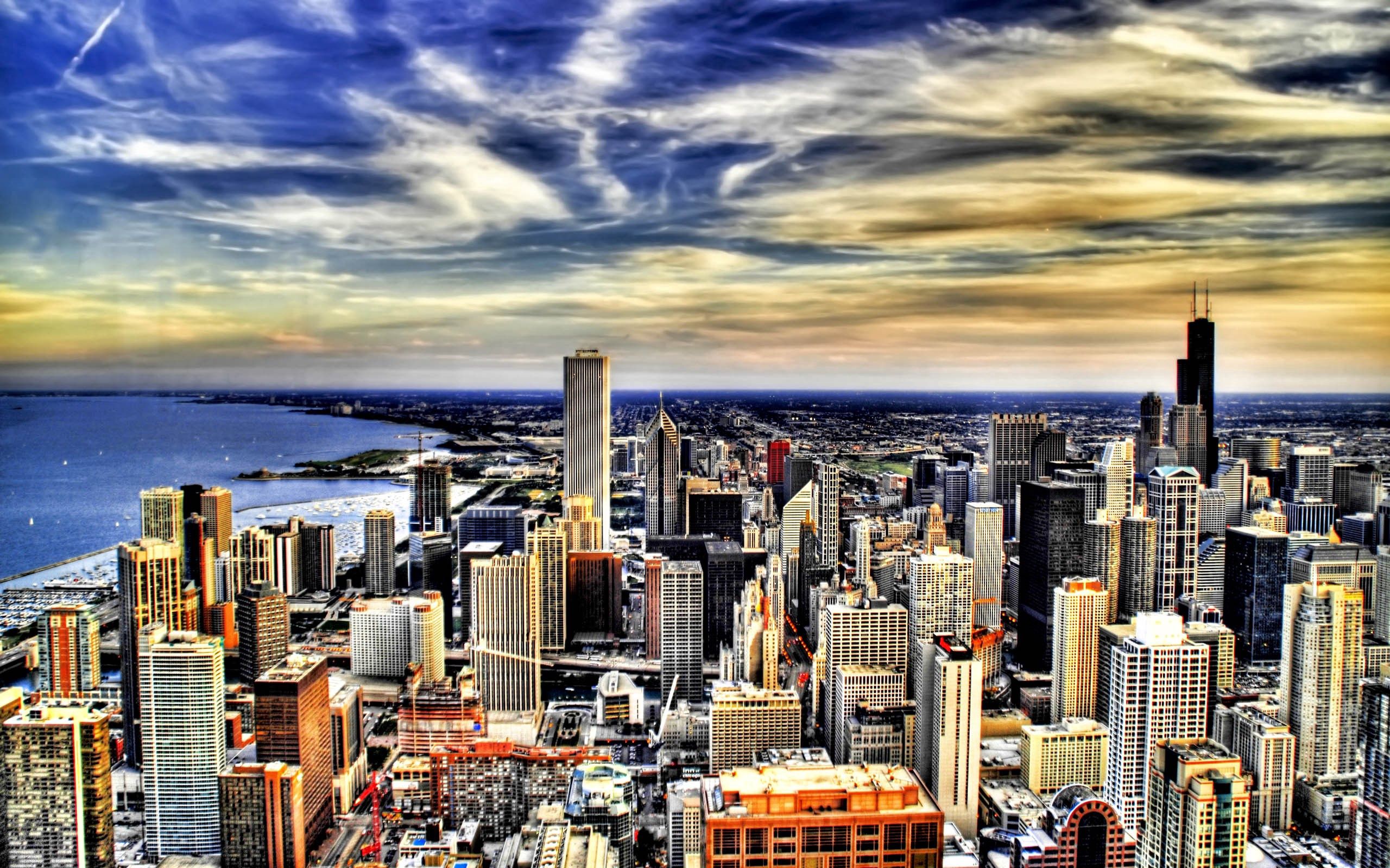 PCデスクトップに建物, 上から見る, 明るい, シカゴ, 都市, Hdr画像を無料でダウンロード