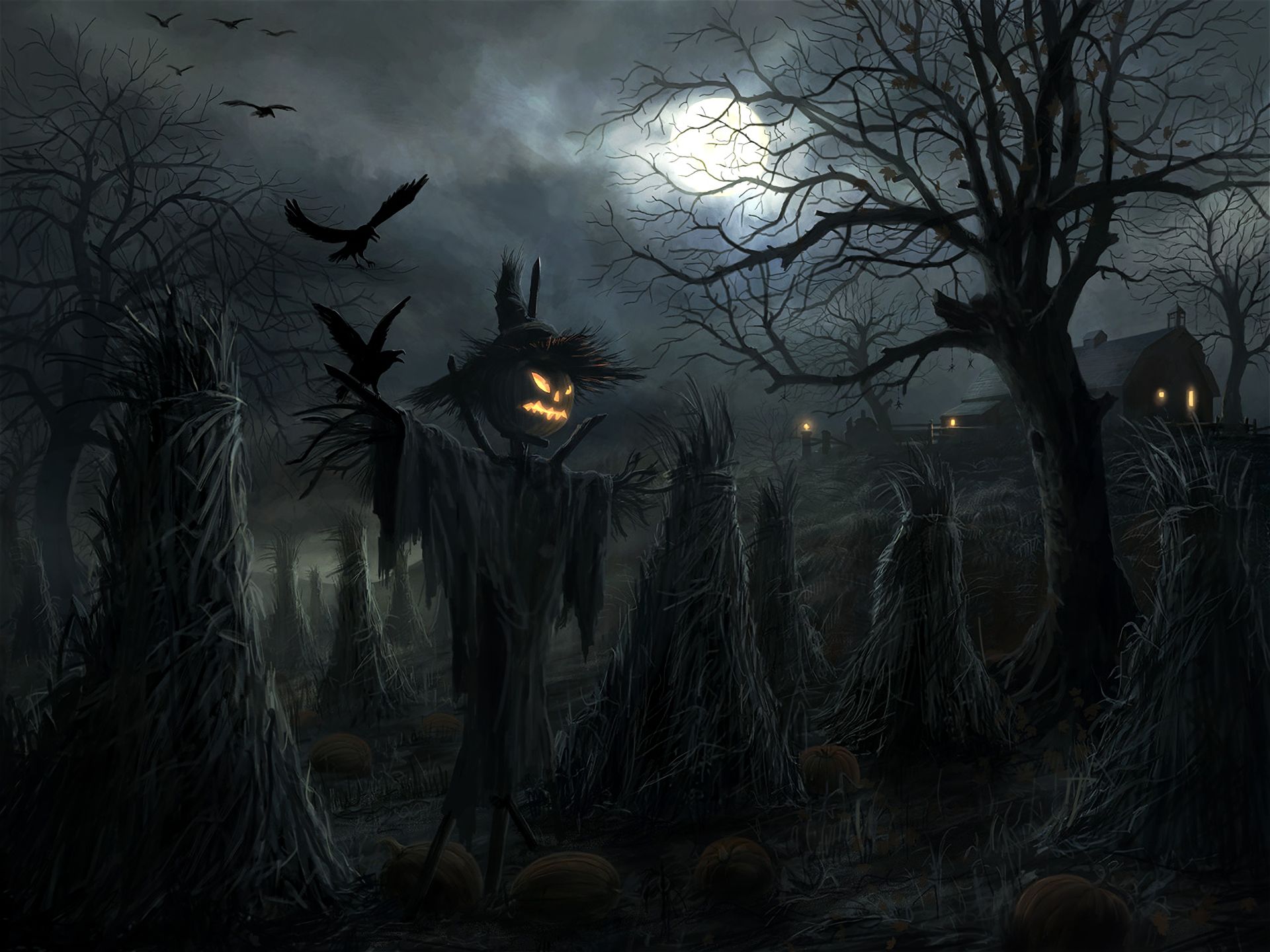 867409 скачать картинку ворон, фонарь джека, хэллоуин, праздничные, тьма, ночь, пугало, дерево - обои и заставки бесплатно
