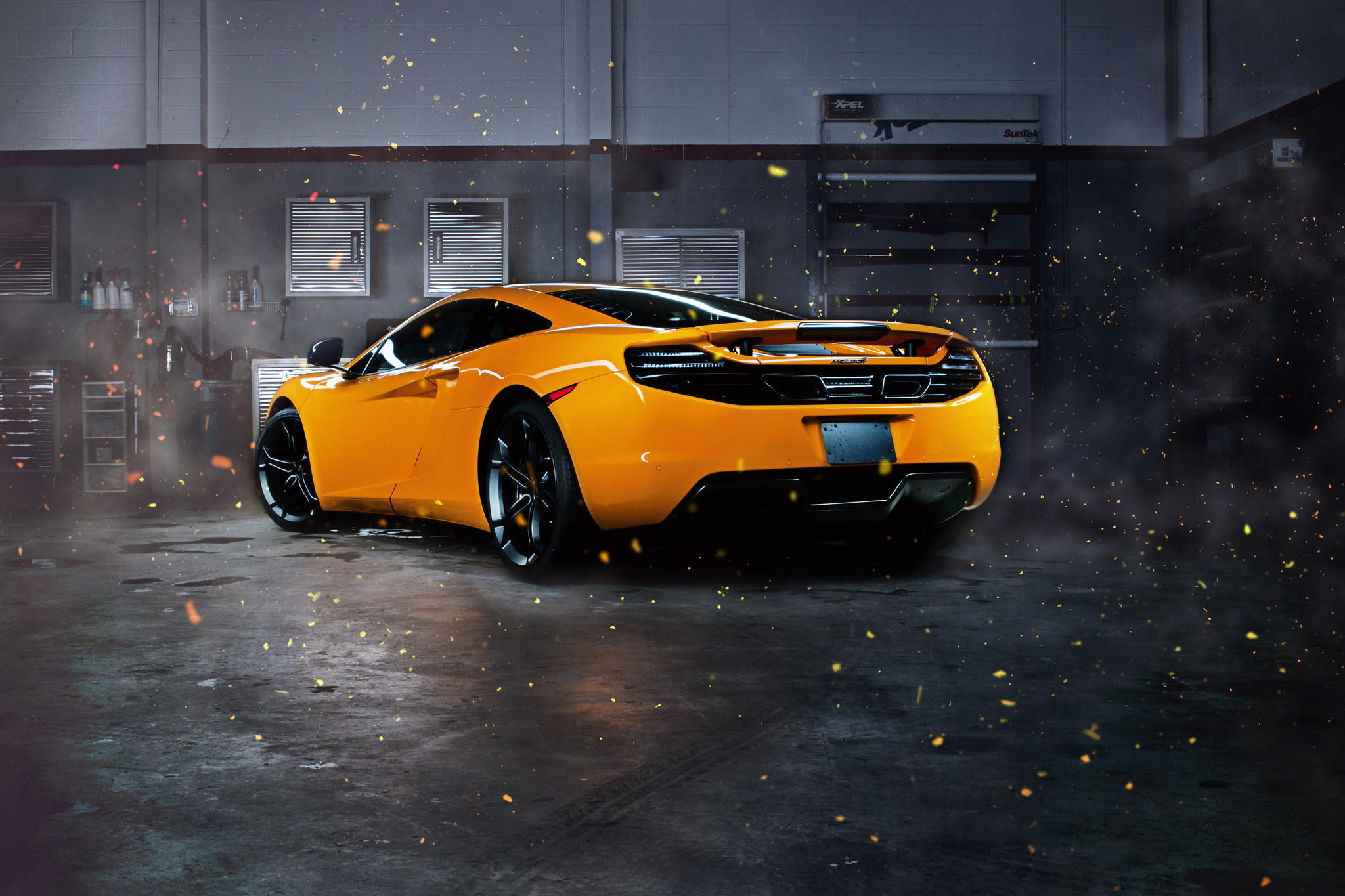 mclaren, cars, yellow, sparks, back view, rear view, mp4 12c