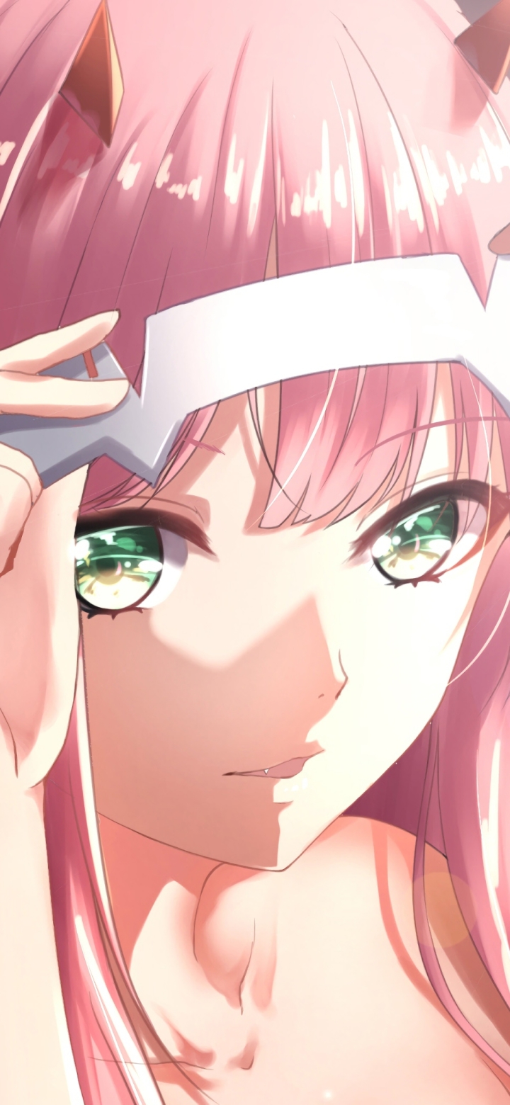 Handy-Wallpaper Gesicht, Grüne Augen, Pinkes Haar, Animes, Darling In The Franxx, Zero Two (Liebling Im Franxx) kostenlos herunterladen.