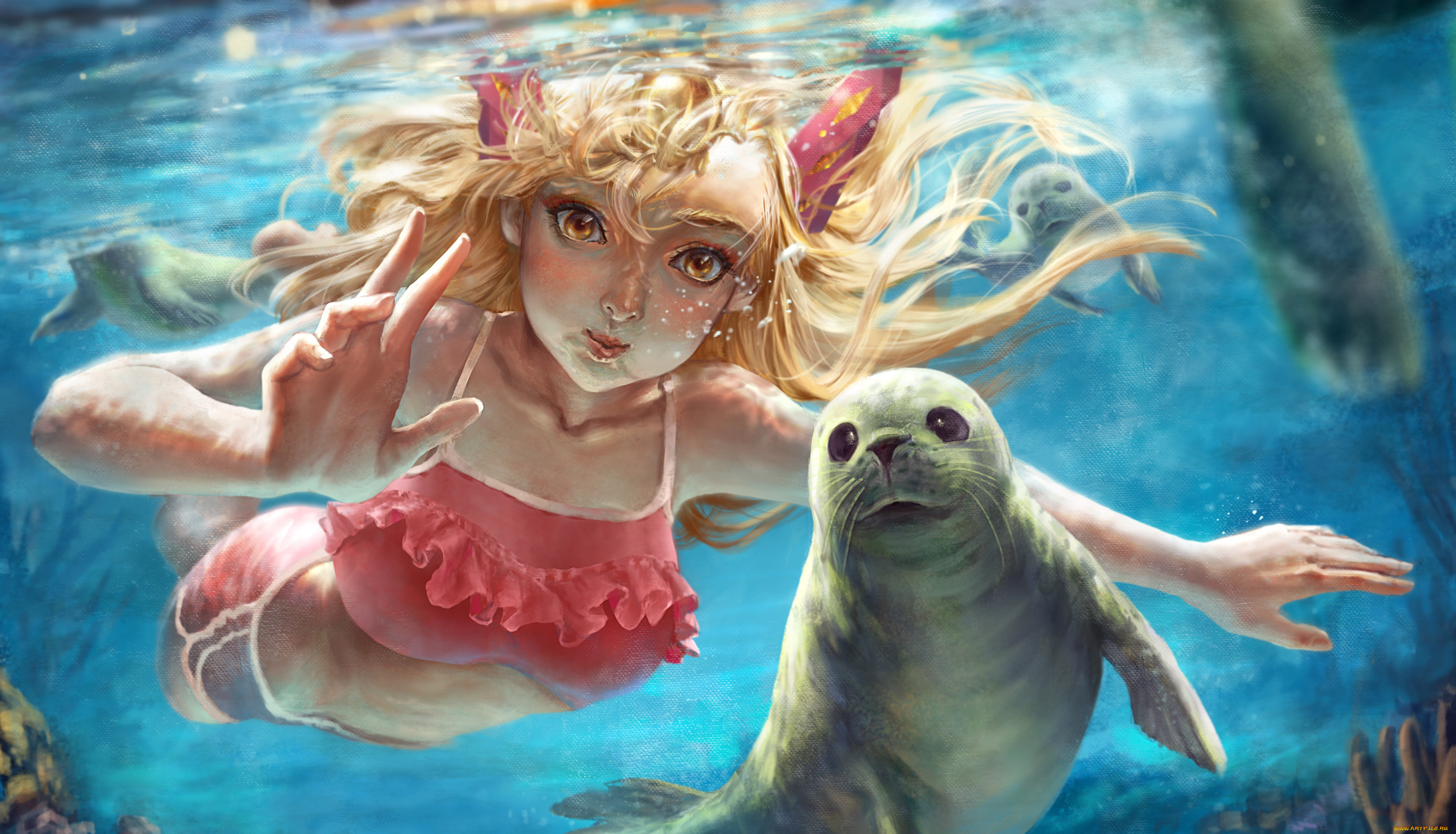 Laden Sie das Animes, Seehund, Underwater Es Ist Erwacht-Bild kostenlos auf Ihren PC-Desktop herunter