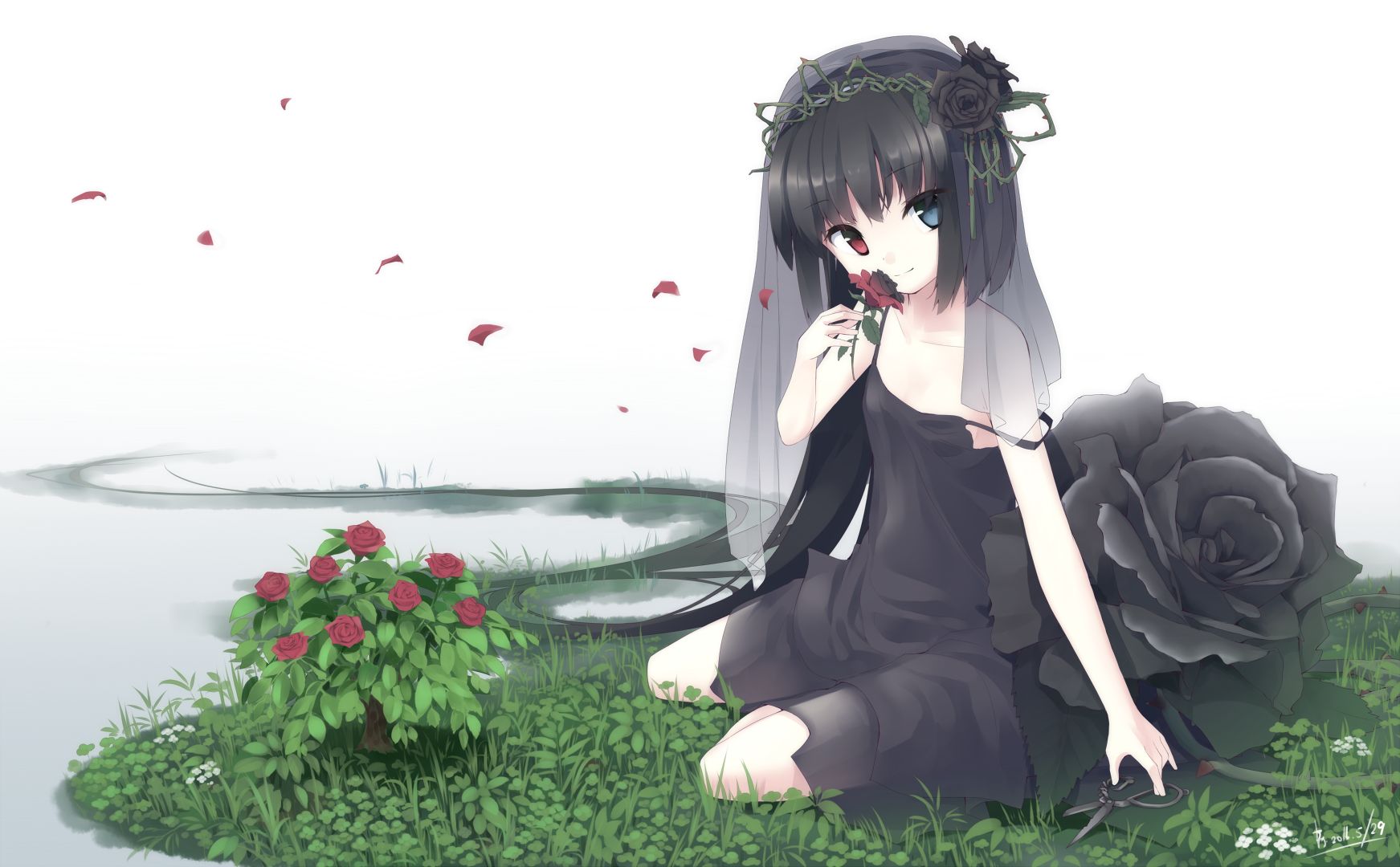 Laden Sie das Blume, Rose, Gras, Heterochromie, Original, Animes, Lange Haare, Kurzes Haar-Bild kostenlos auf Ihren PC-Desktop herunter