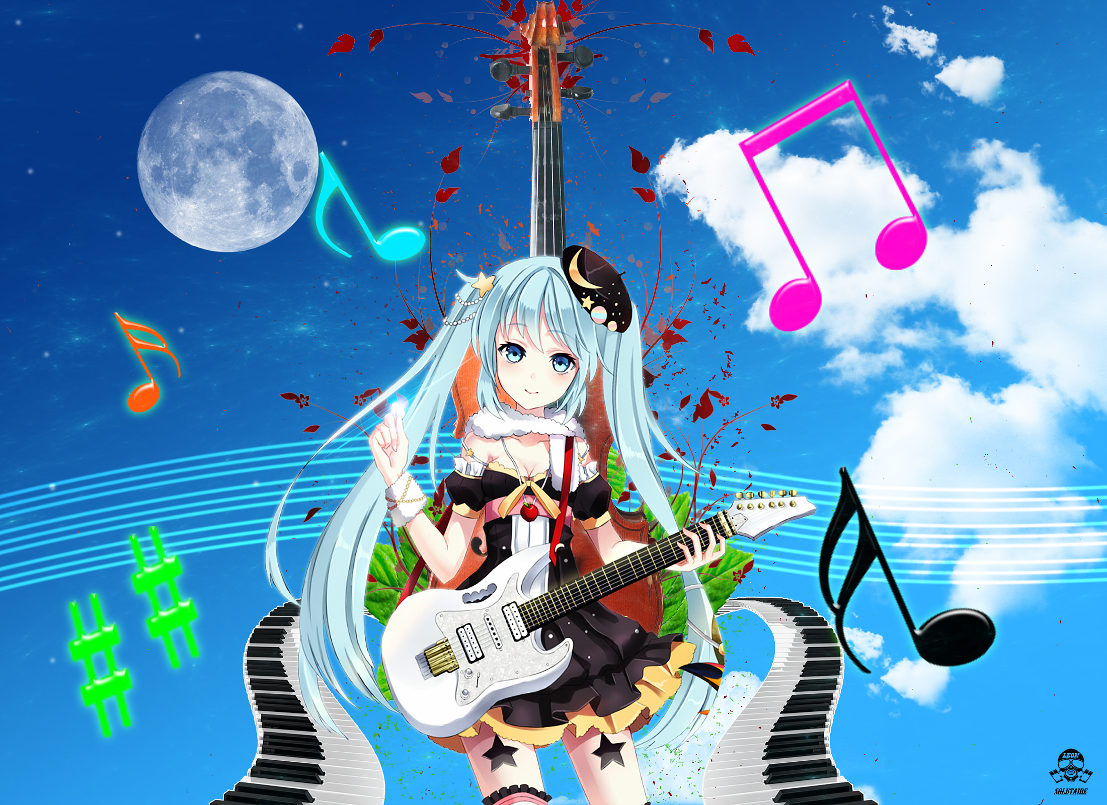 Free download wallpaper Anime, Sky, Guitar, Vocaloid, Hatsune Miku on your PC desktop