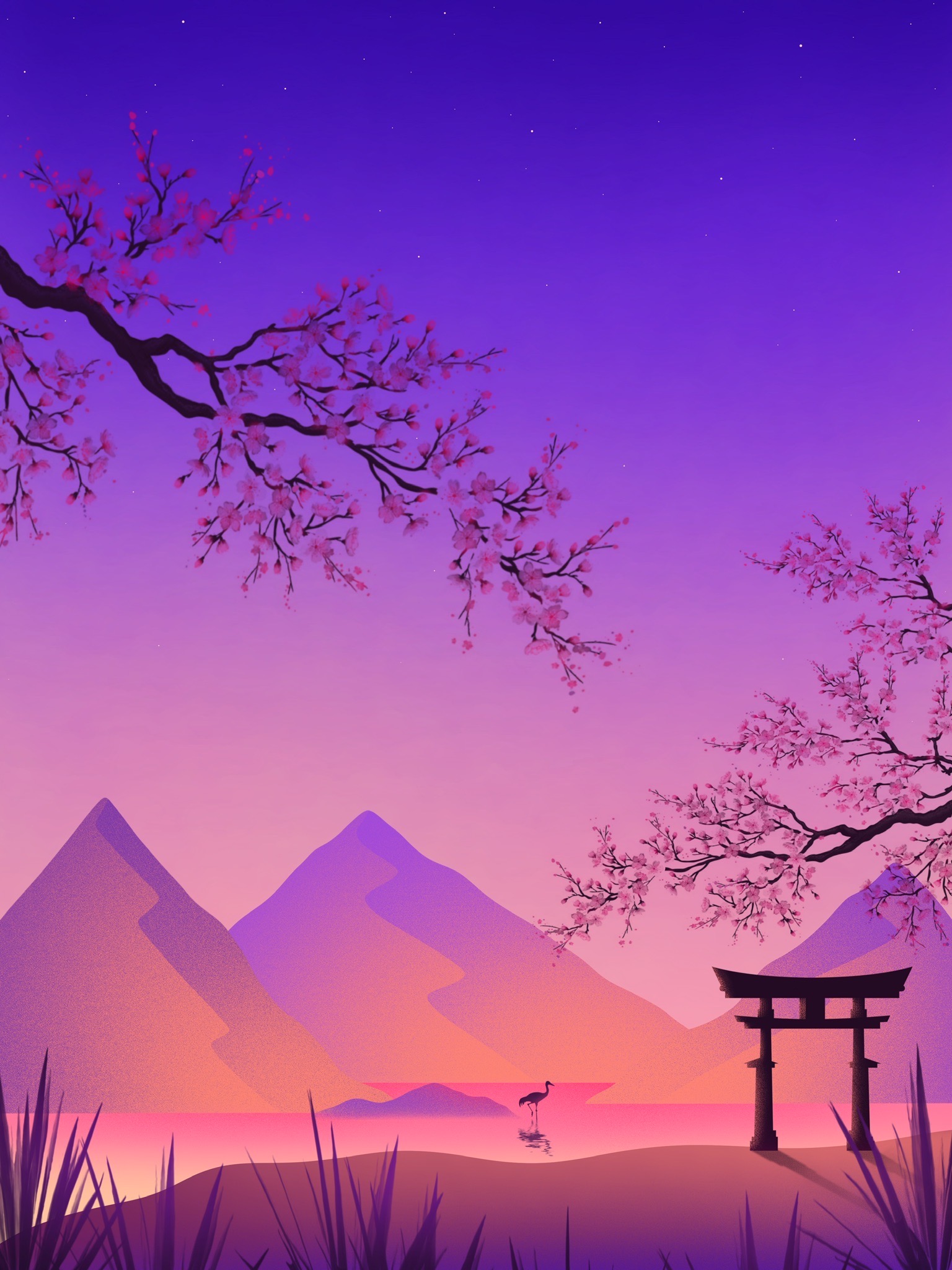 87153 скачать картинку сакура, арт, горы, фиолетовый, журавль, тории, ворота - обои и заставки бесплатно