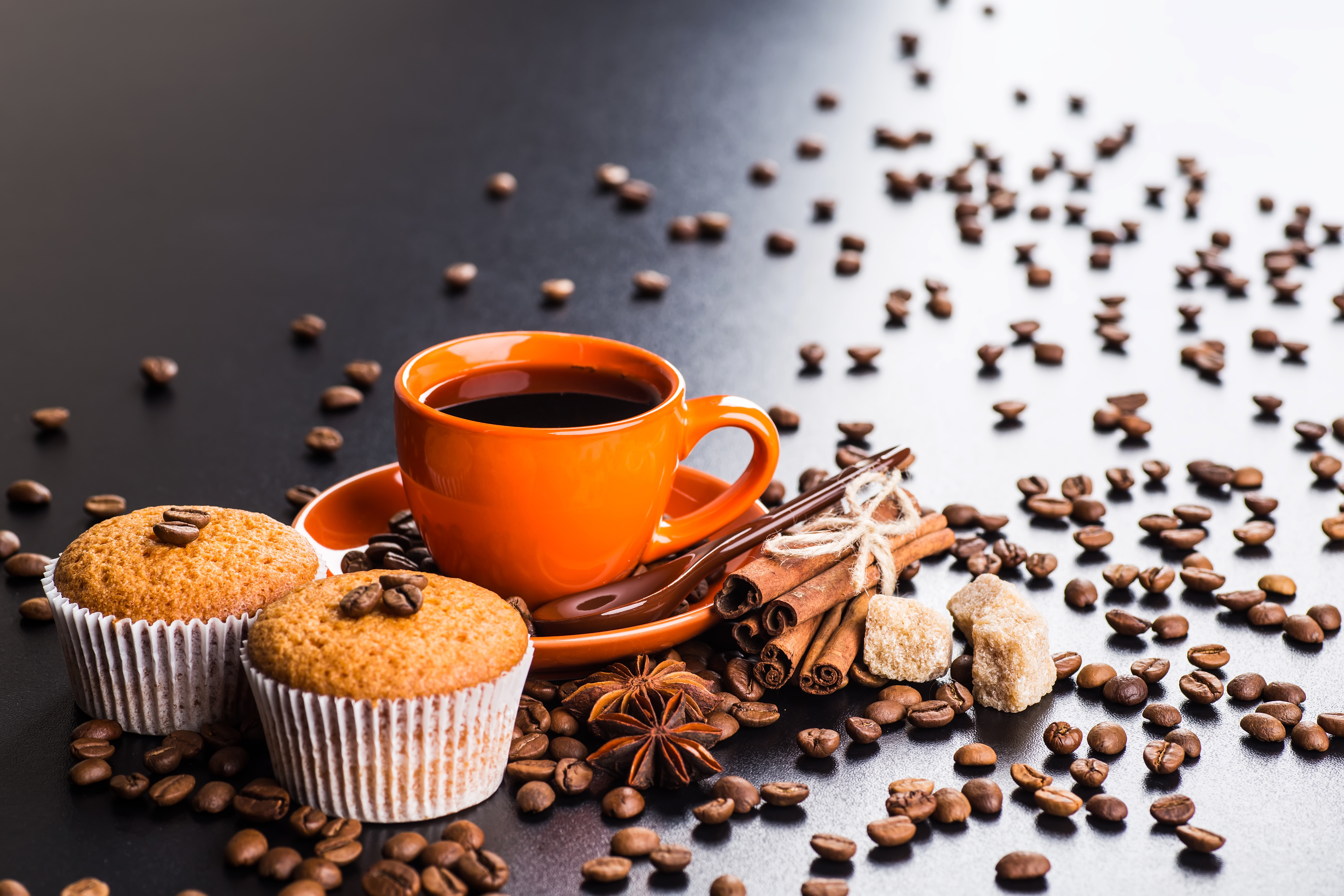 Download mobile wallpaper Food, Coffee, Still Life, Cinnamon, Cup, Coffee Beans, Cupcake, Star Anise for free.