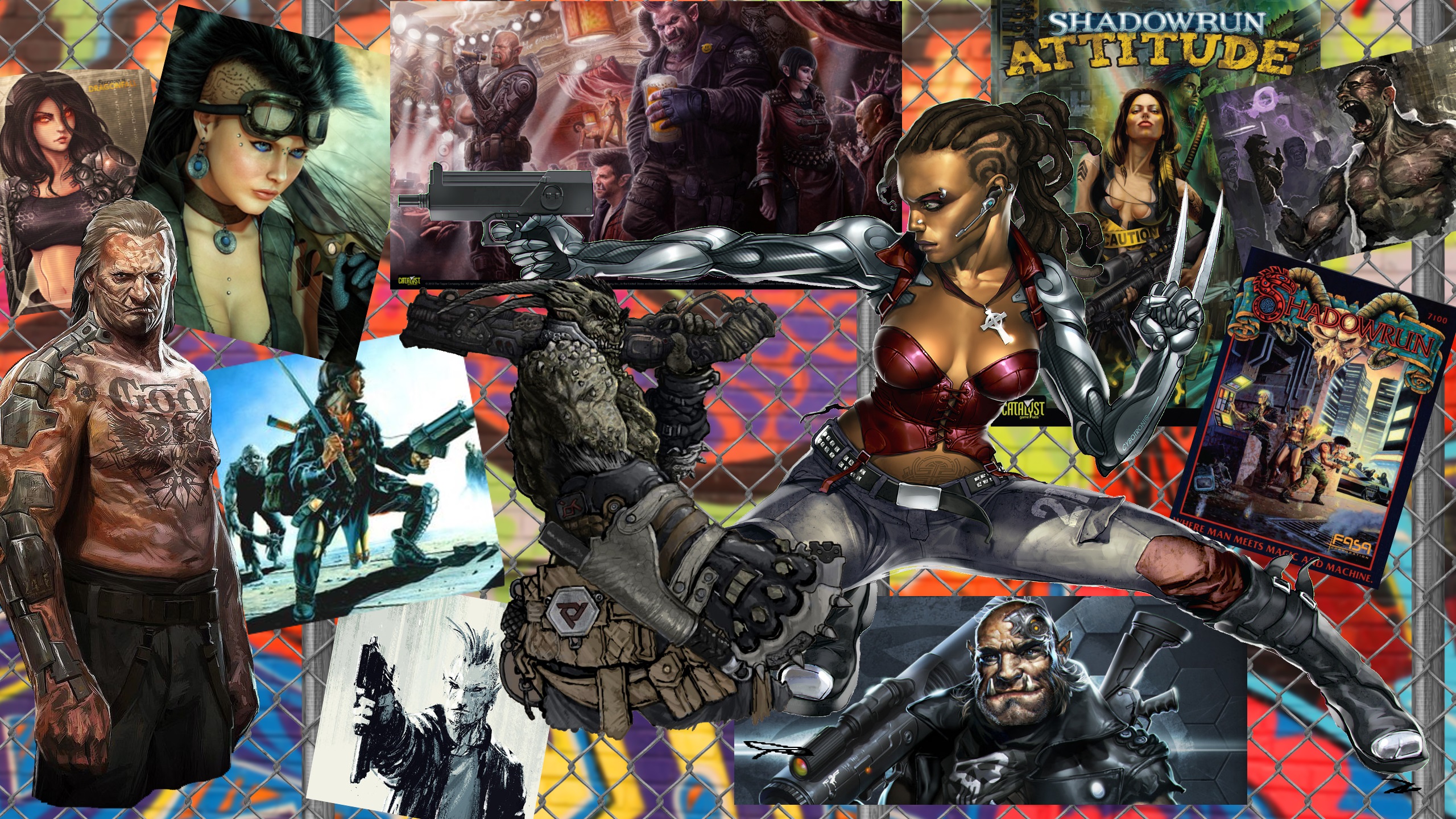 sci fi, cyberpunk, collage, gun, orc, troll