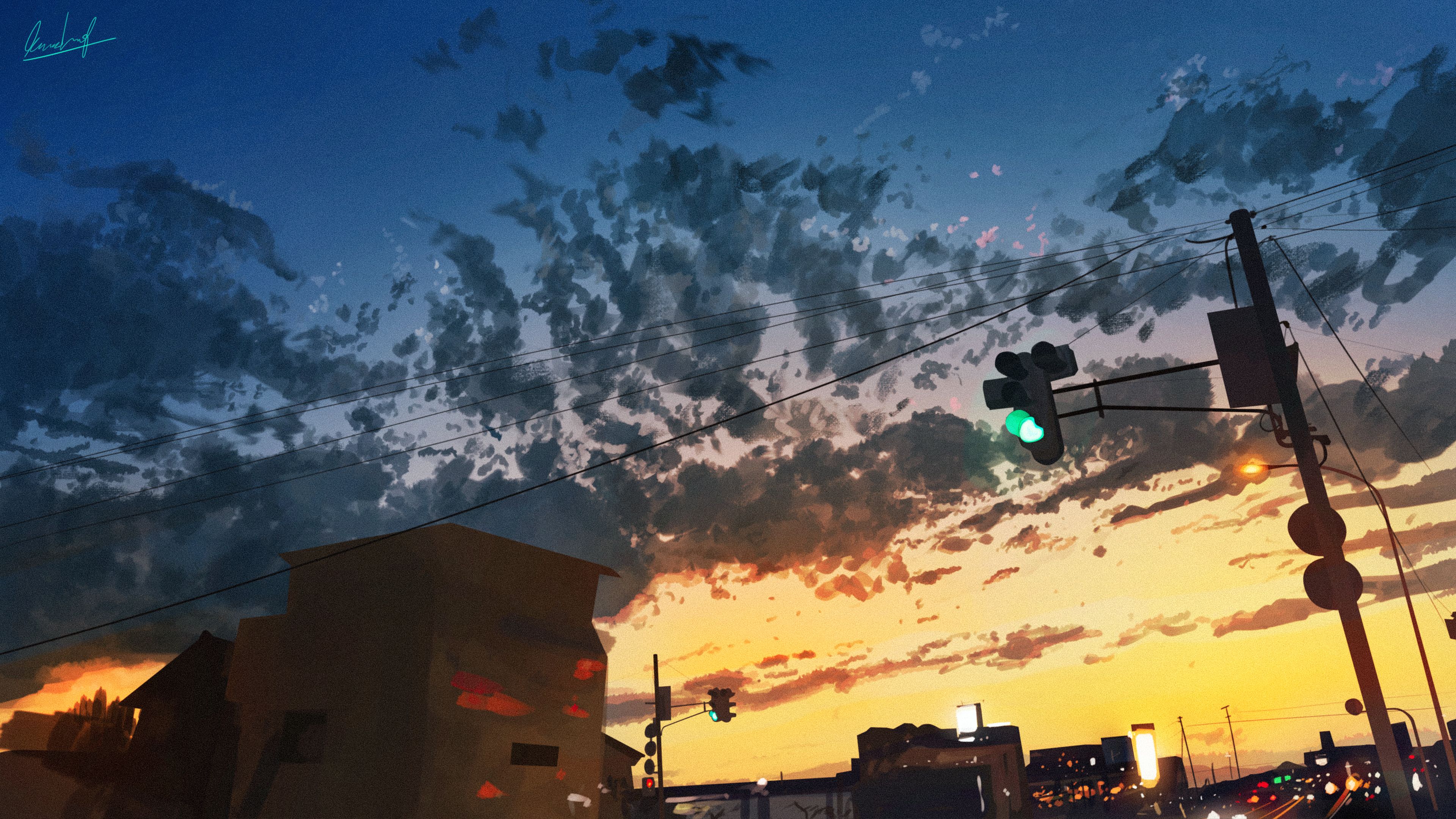 1533294 скачать картинку аниме, закат солнца, город, небо, светофор - обои и заставки бесплатно