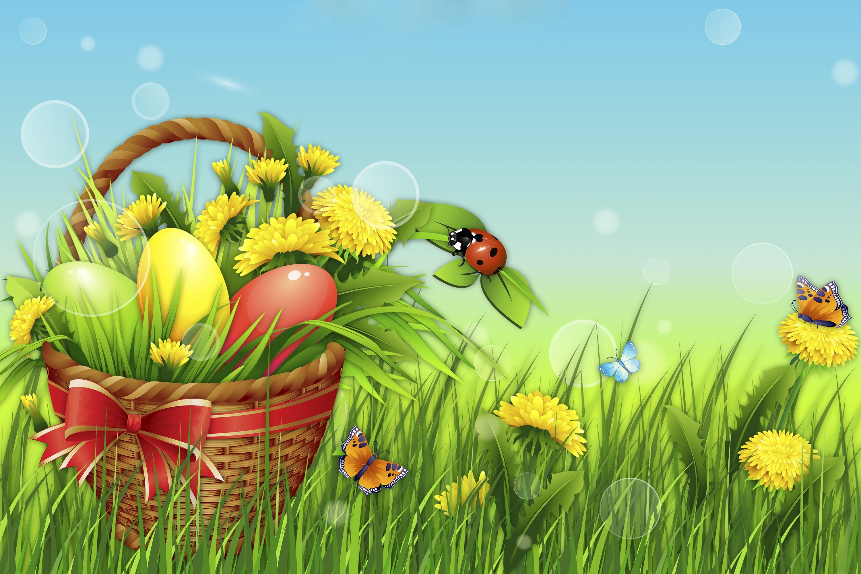 Скачать картинку Трава, Цветок, Бабочка, Корзина, Яйцо, Праздничные, Пасхальный, Пасхальное Яйцо в телефон бесплатно.