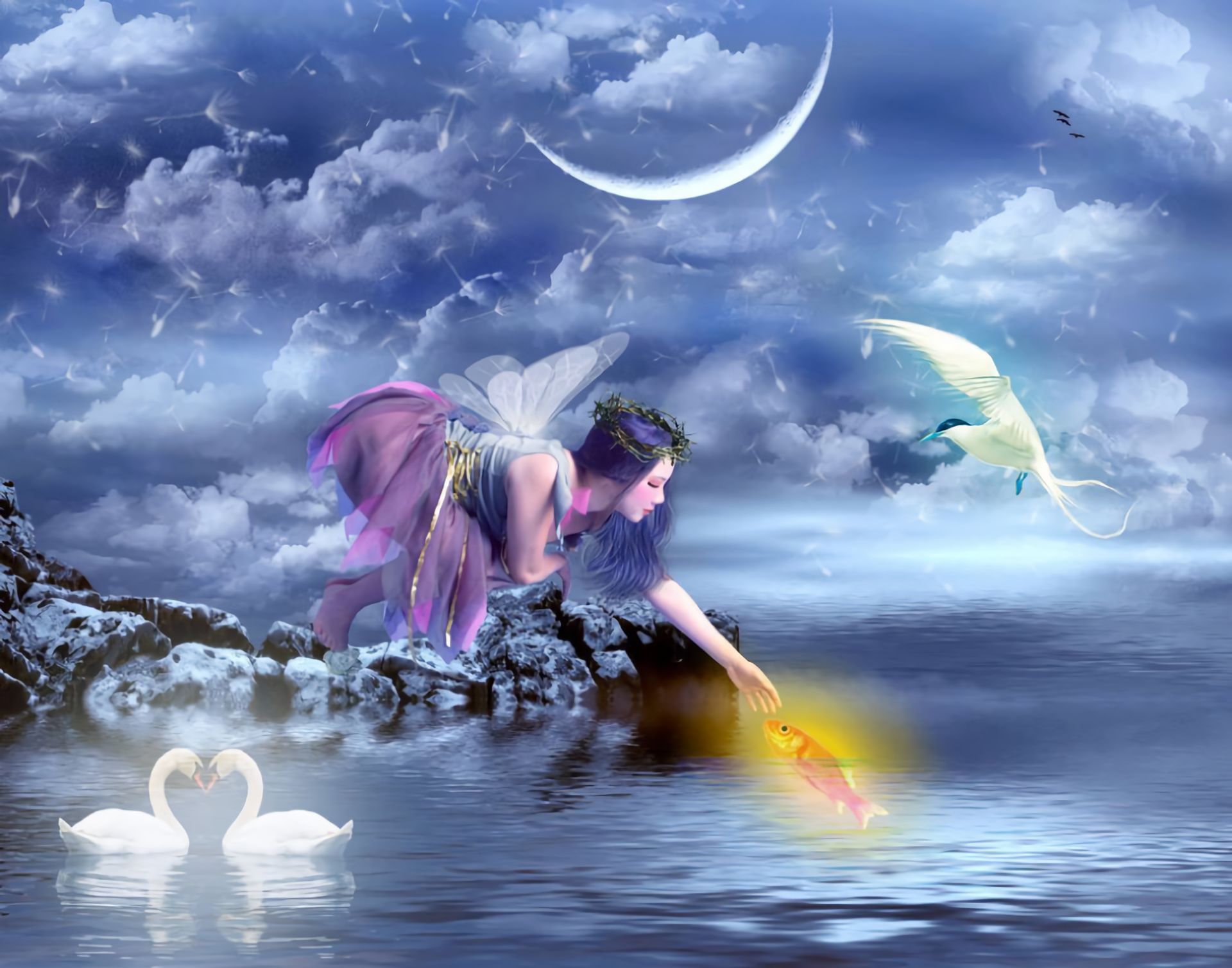 Download mobile wallpaper Water, Fantasy, Moon, Bird, Wings, Cloud, Fish, Fairy for free.