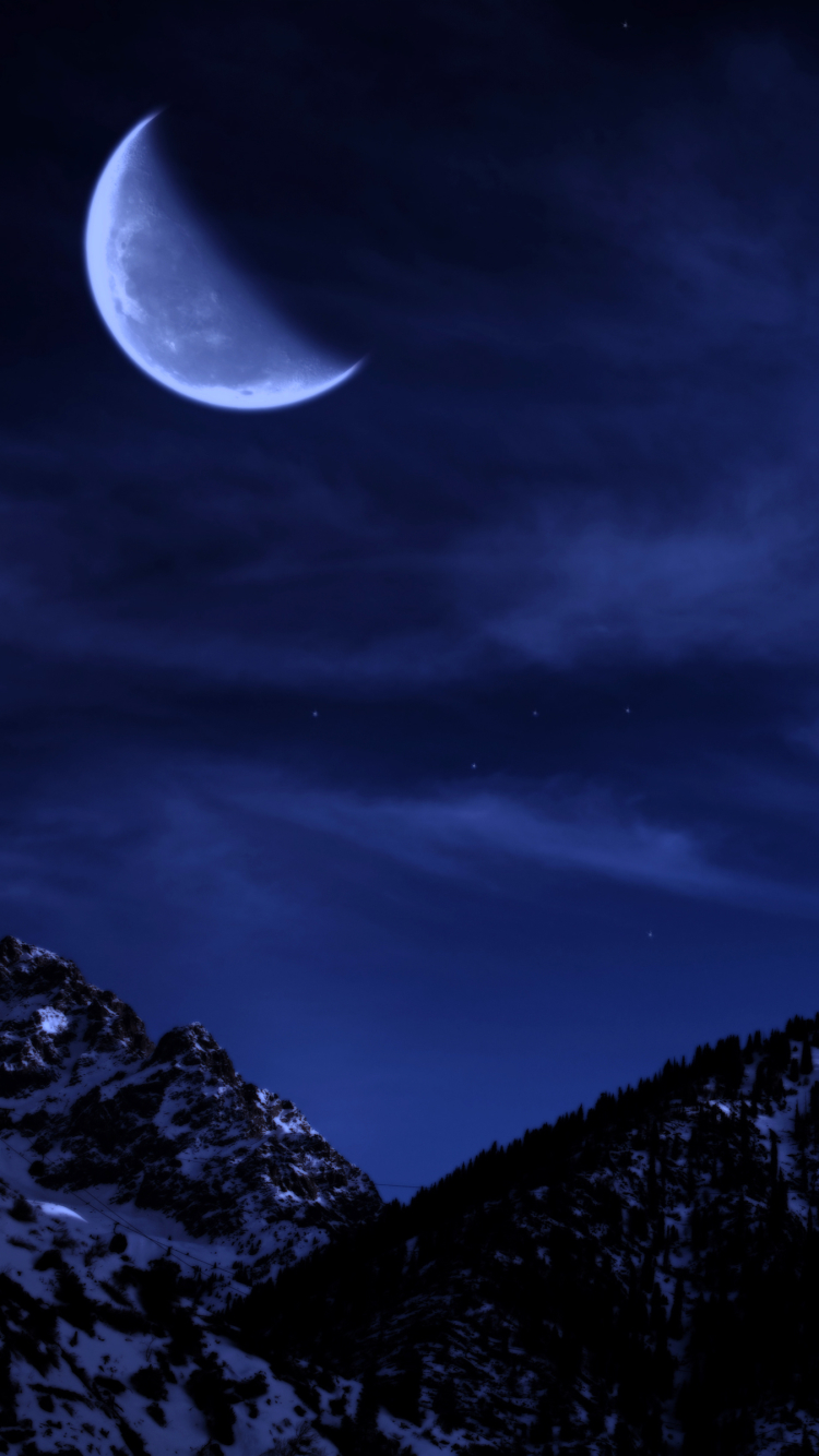 Download mobile wallpaper Winter, Sky, Night, Moon, Snow, Mountain, Forest, Earth for free.