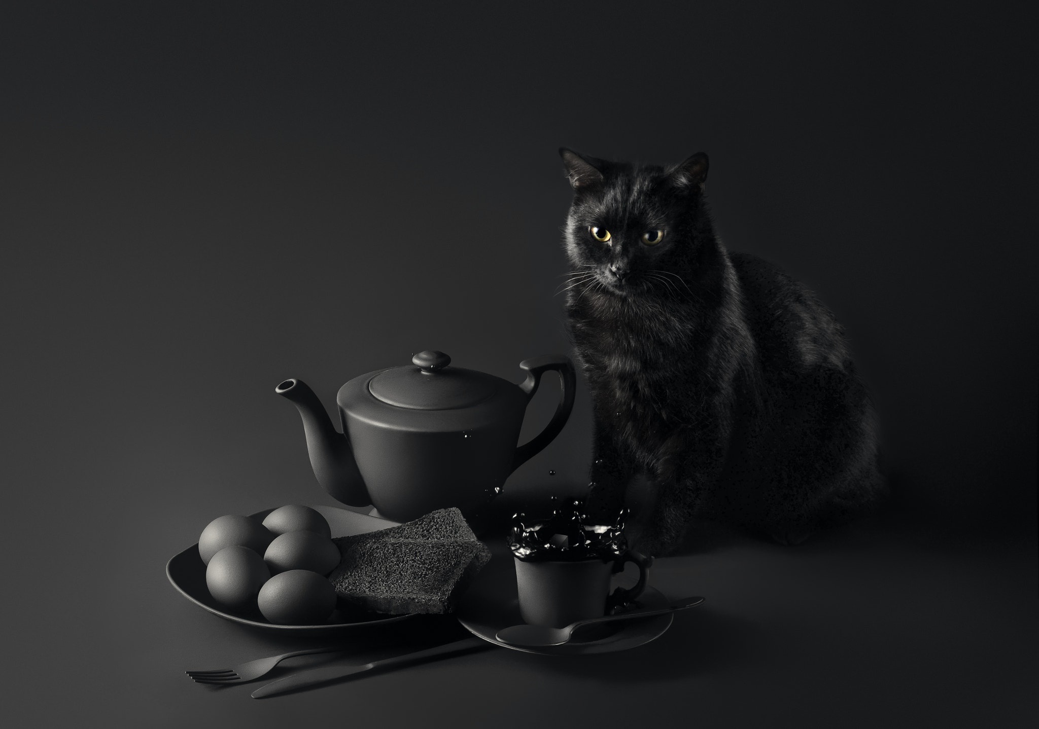Download mobile wallpaper Cats, Cat, Cup, Animal, Teapot, Black & White for free.