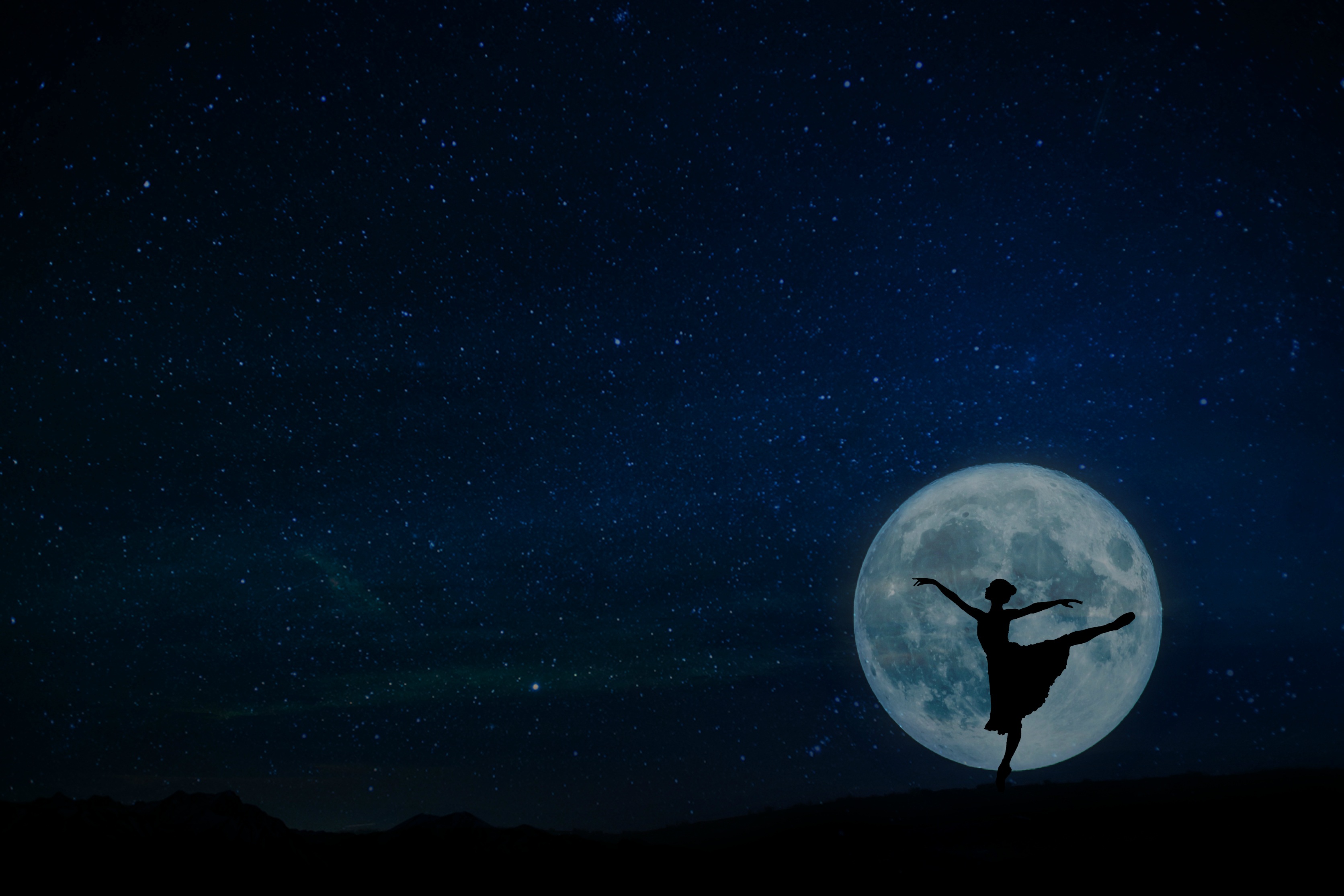 Free download wallpaper Night, Silhouette, Starry Sky, Ballerina, Full Moon, Dark on your PC desktop