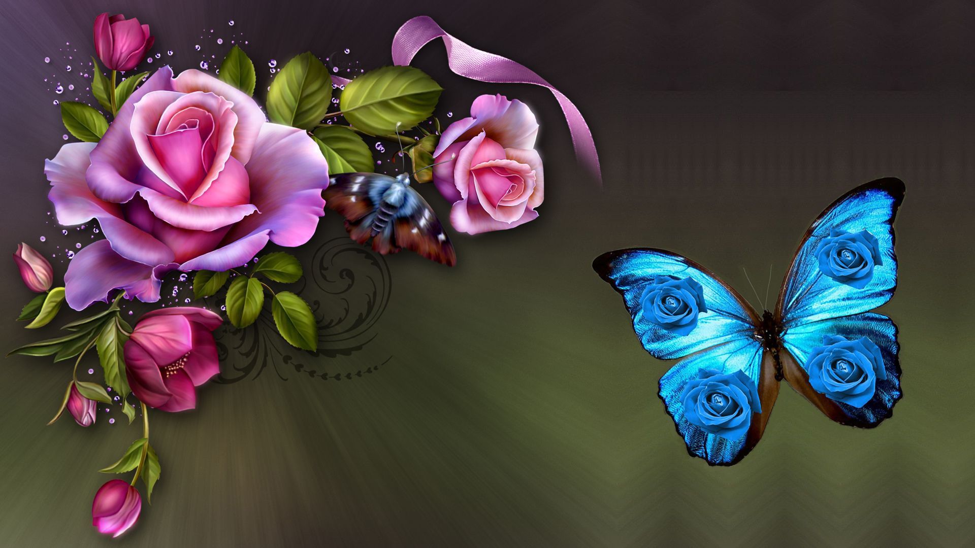 PCデスクトップに蝶, 花, 青い, カラフル, 芸術的, ピンクの花画像を無料でダウンロード