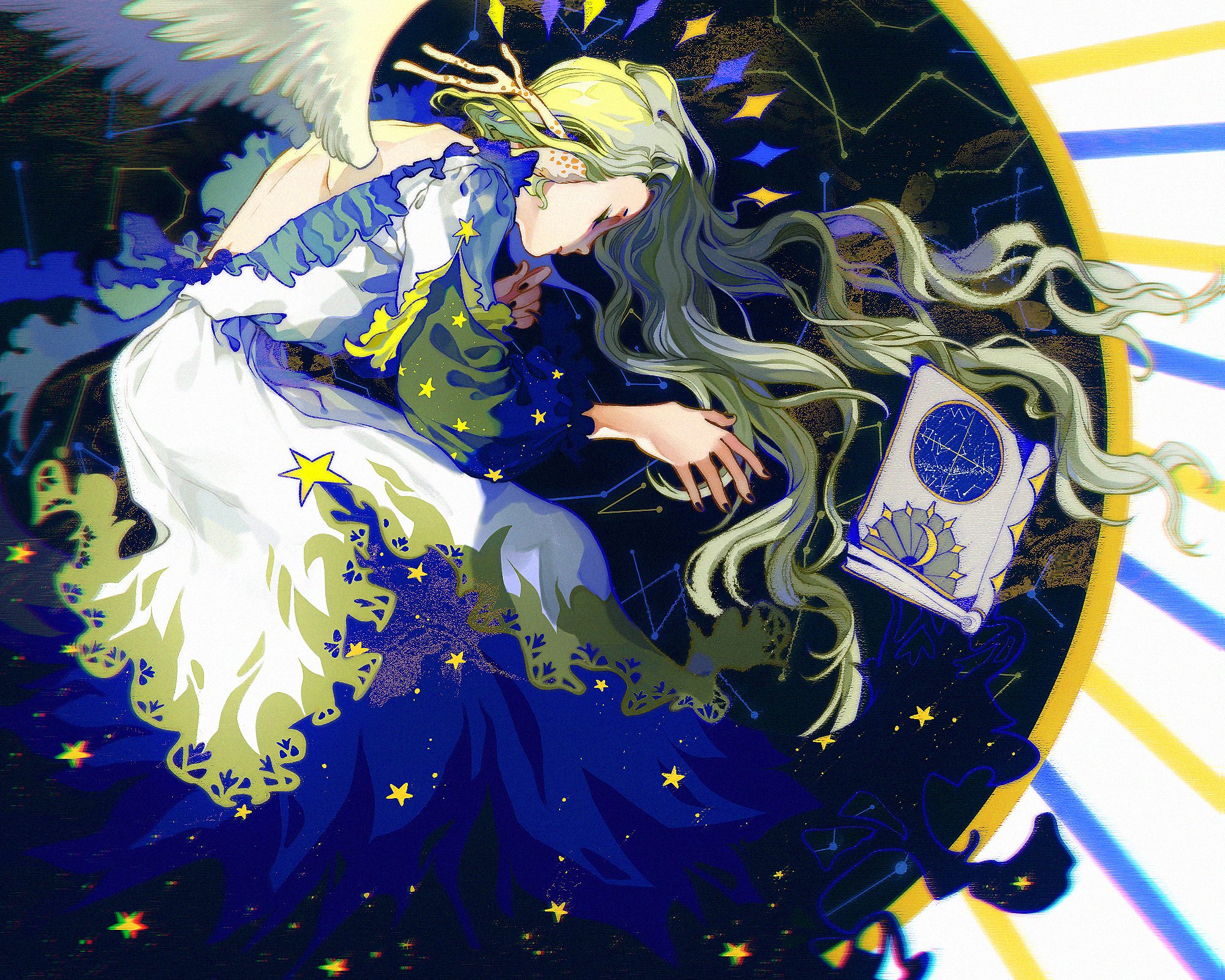 Download mobile wallpaper Anime, Stars, Wings, Book, Green Hair, Original, Long Hair for free.