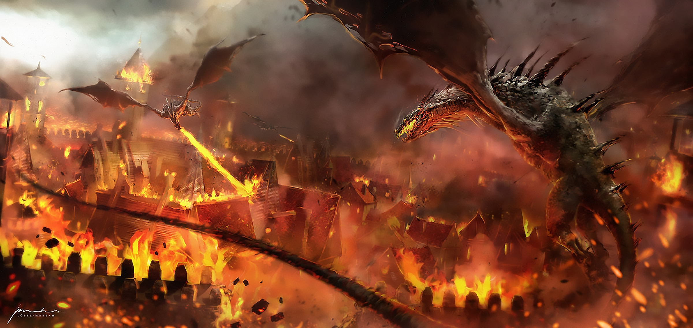 fantasy, dragon, destruction, fire, rampage, wyvern