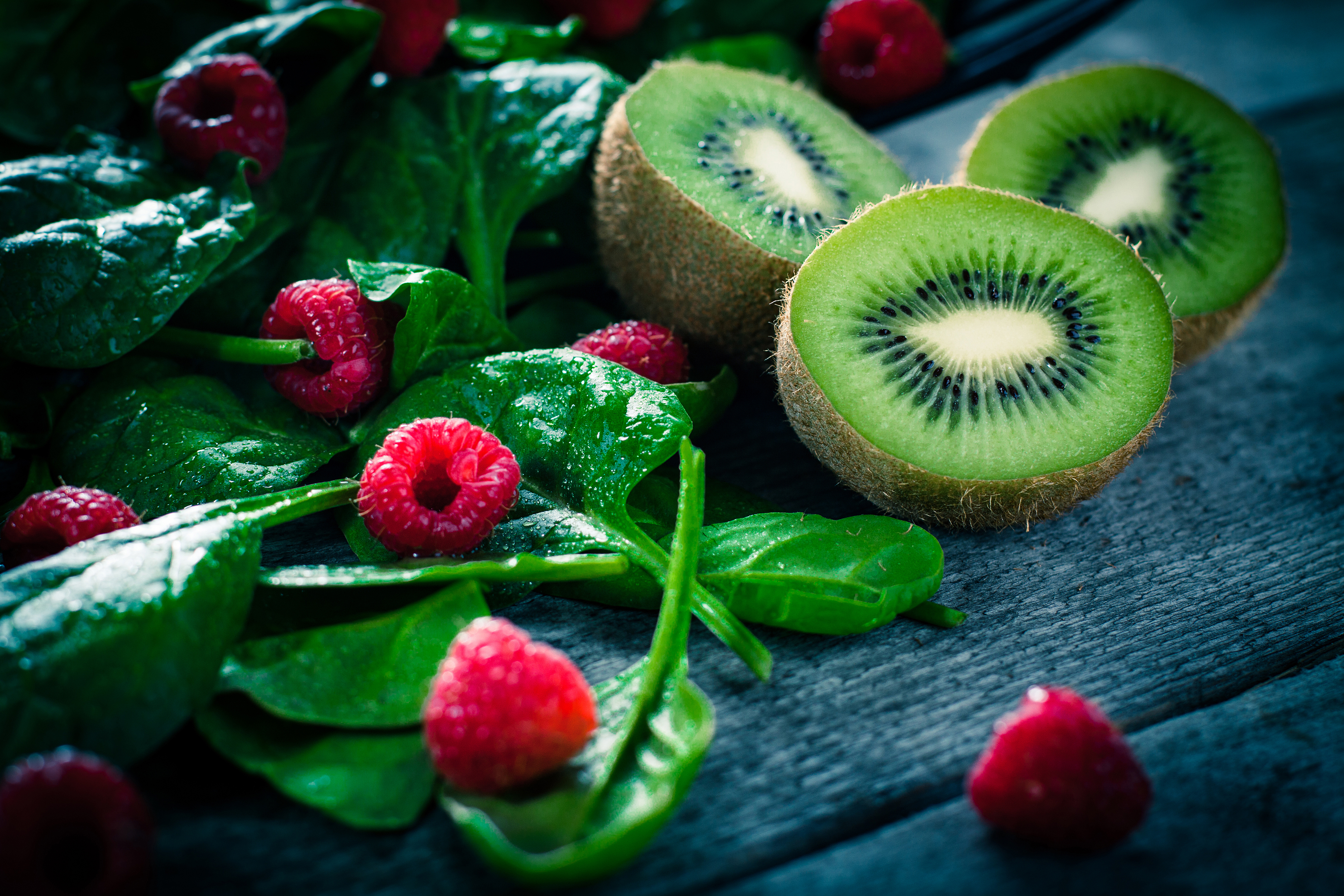 Download mobile wallpaper Fruits, Food, Kiwi, Raspberry, Still Life, Fruit for free.