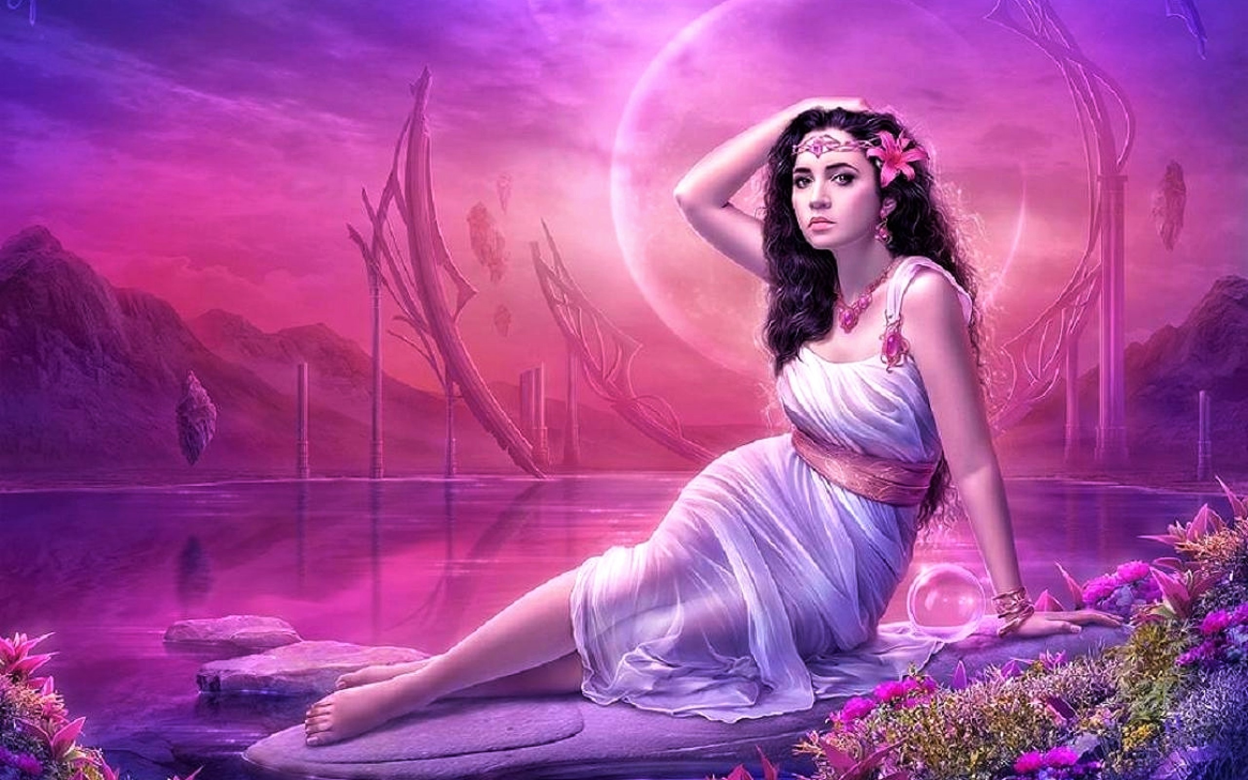 Free download wallpaper Fantasy, Flower, Pond, Women on your PC desktop