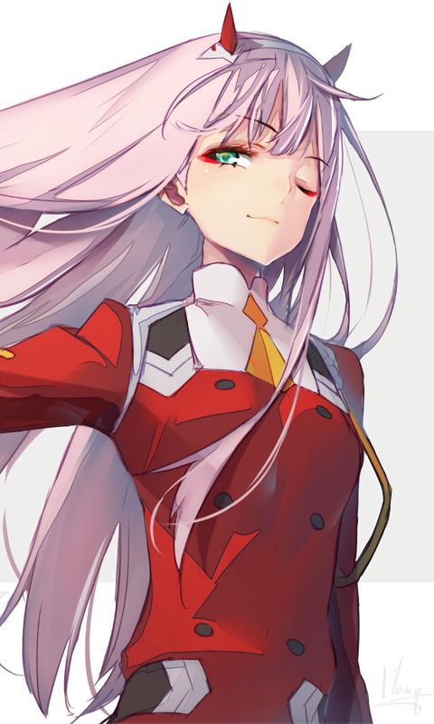 Download mobile wallpaper Anime, Horns, Green Eyes, Wink, Pink Hair, Long Hair, Darling In The Franxx, Zero Two (Darling In The Franxx) for free.