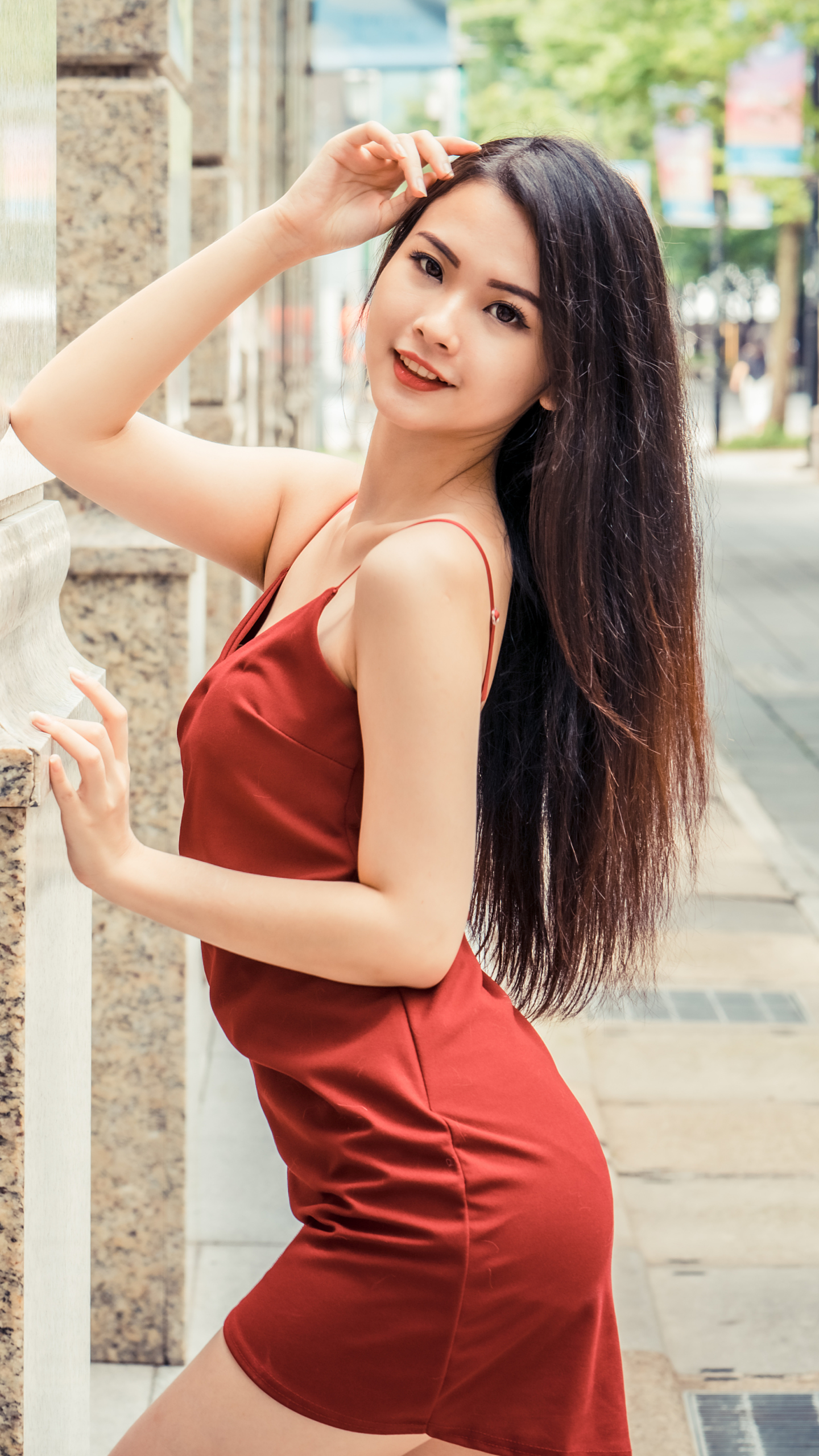 Download mobile wallpaper Brunette, Model, Women, Asian, Long Hair, Red Dress for free.